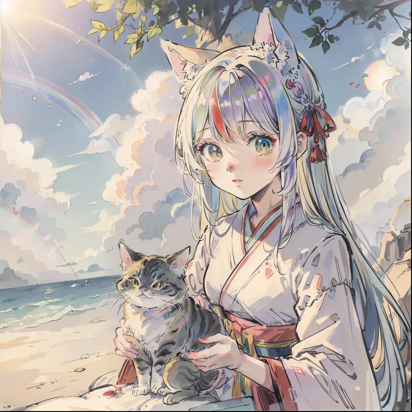 (Best quality1.2、masutepiece)、Yumekawa、A stunning、Take a cute cat、kawaii、White hair(rainbow-colored hair)、the morning sun