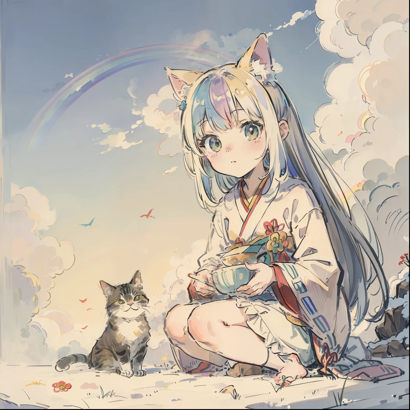 (Best quality1.2、masutepiece)、Yumekawa、A stunning、Take a cute cat、kawaii、White hair(rainbow-colored hair)、the morning sun