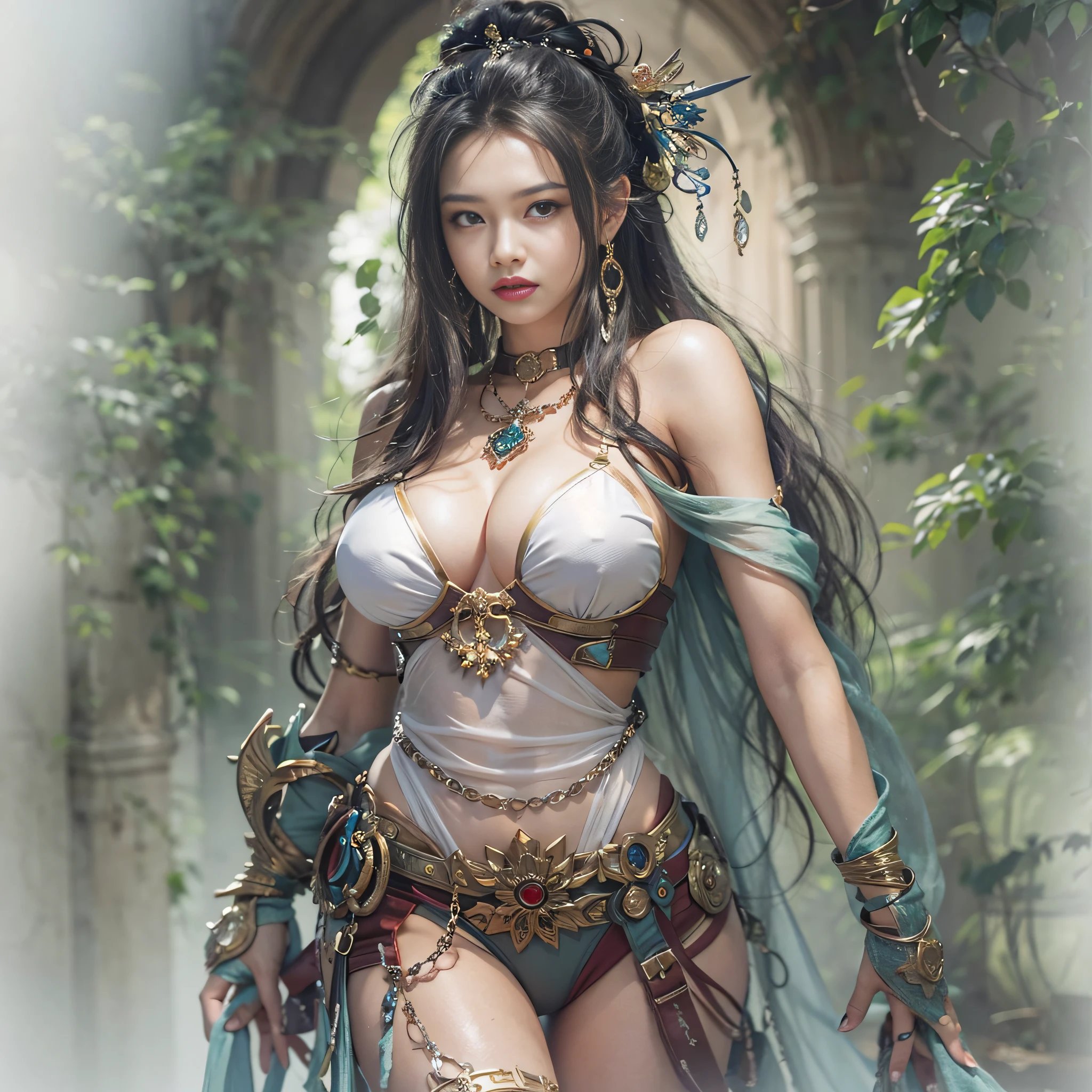 ((​masterpiece)、(top-quality)、(reallistic))、beautiful queen:1.4、Bondage style、latex shiny、By Luis Royo:1.4、1girl in、Sexy Daughter、Attractive earrings with impressive beauty、a choker、a necklace、piercings、(Super beauty)、Super Ultra Ultra Bikini、standingn、fullllbody:1.4、(Beauty in return)、Fantastic mythological landscape