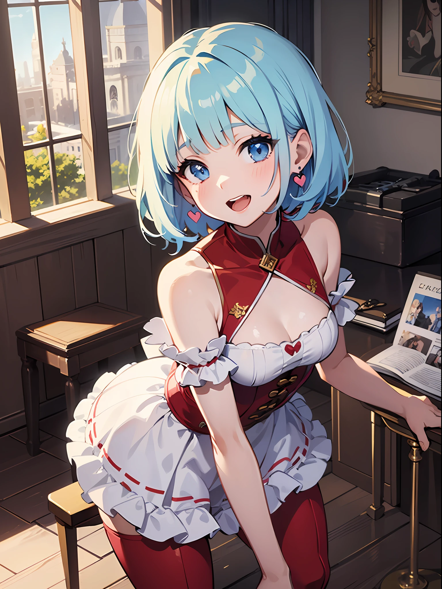 (masterpiece:1.3), (best quality:1.3), high resolution, 


overlook view, couboy shot, 
leaning forward, body facing forward, 

(one cute girl:1.3), solo, 
white skin, small Breast, eight-headed person, 
light blue hair, (bobbed hair:1.2), (short hair:1.1), (blunt bangs:1.2), beautiful hair, blue eyes, beautiful detailed eyes, 

open mouth, heart, cheerful smile, 

short dress, white and red clothes, earrings, 

indoors, castle, 

shadowlighting,