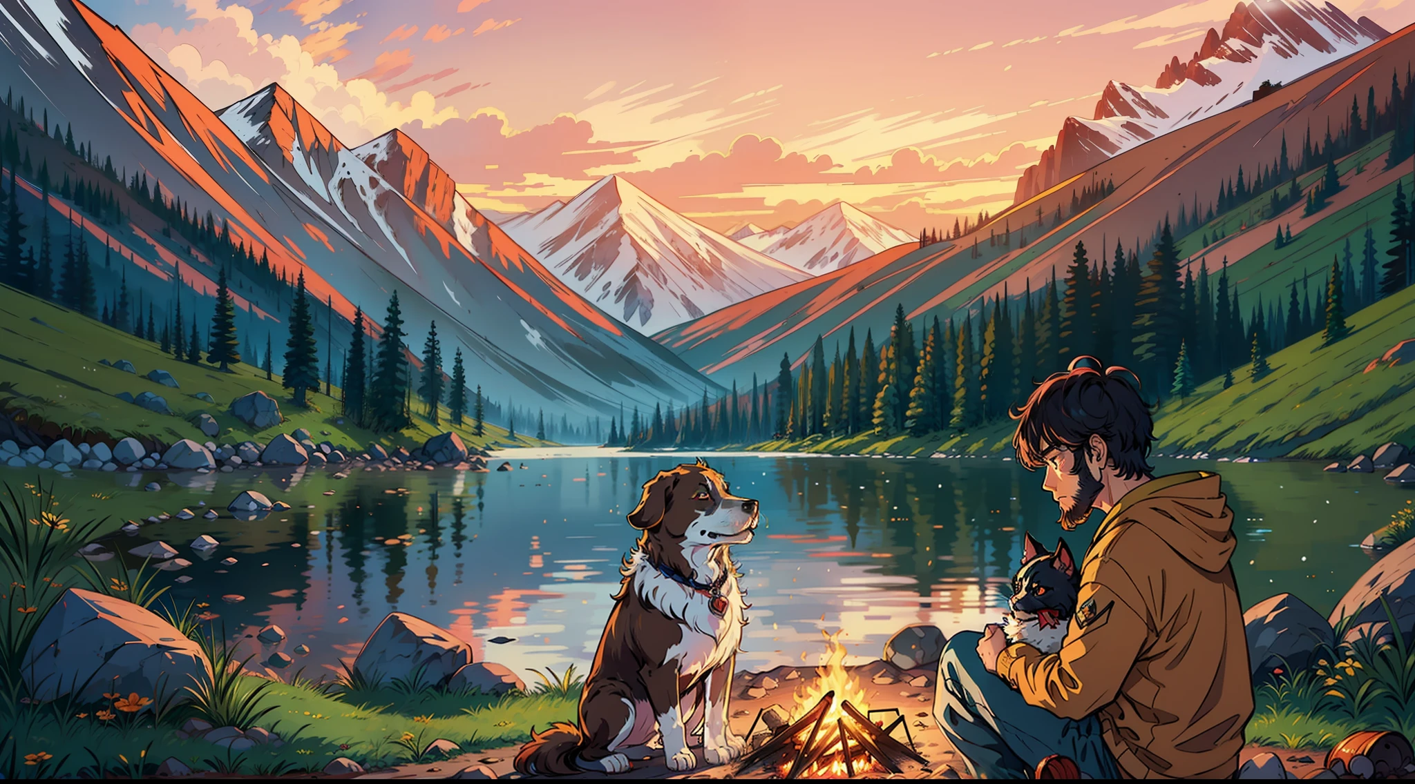 A heart-melting shot of Vikram the bearded boy and Zara the dog sitting side by side with a campfire, exchanging unconditional love and warmth amidst the serenity of the mountains.