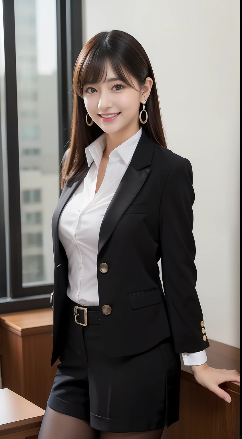(8K、Top image quality、masterpiece:1.2)、(realisitic、Photorealsitic:1.37)、The ultra-detailliert、独奏、1girl in、full body Esbian、OL Beauty、Black Office Blazer、Office Skirt:1.2、(panthyhose:1.2)、(Sheer button-down shirt shorts:1.2)、Upcolor prim with buttons、Down color prim with buttons、bra very、(panthyhose:1.2)、Alpha Layer、high-heels、Cute earrings、Cute Solo、(A smile:1.15)、(Keep your mouth shut)、F-cup、Cute face like an idol、beatiful detailed eyes、business clothes、(loose and fluffy long hair,,,:1.2)、 Novafrog Style Floating Hair、Valley、 crouching down:1.2、Black pantyhose:1.5、Black bra:0.9、Background blur、Background Office、Workplace 1.3