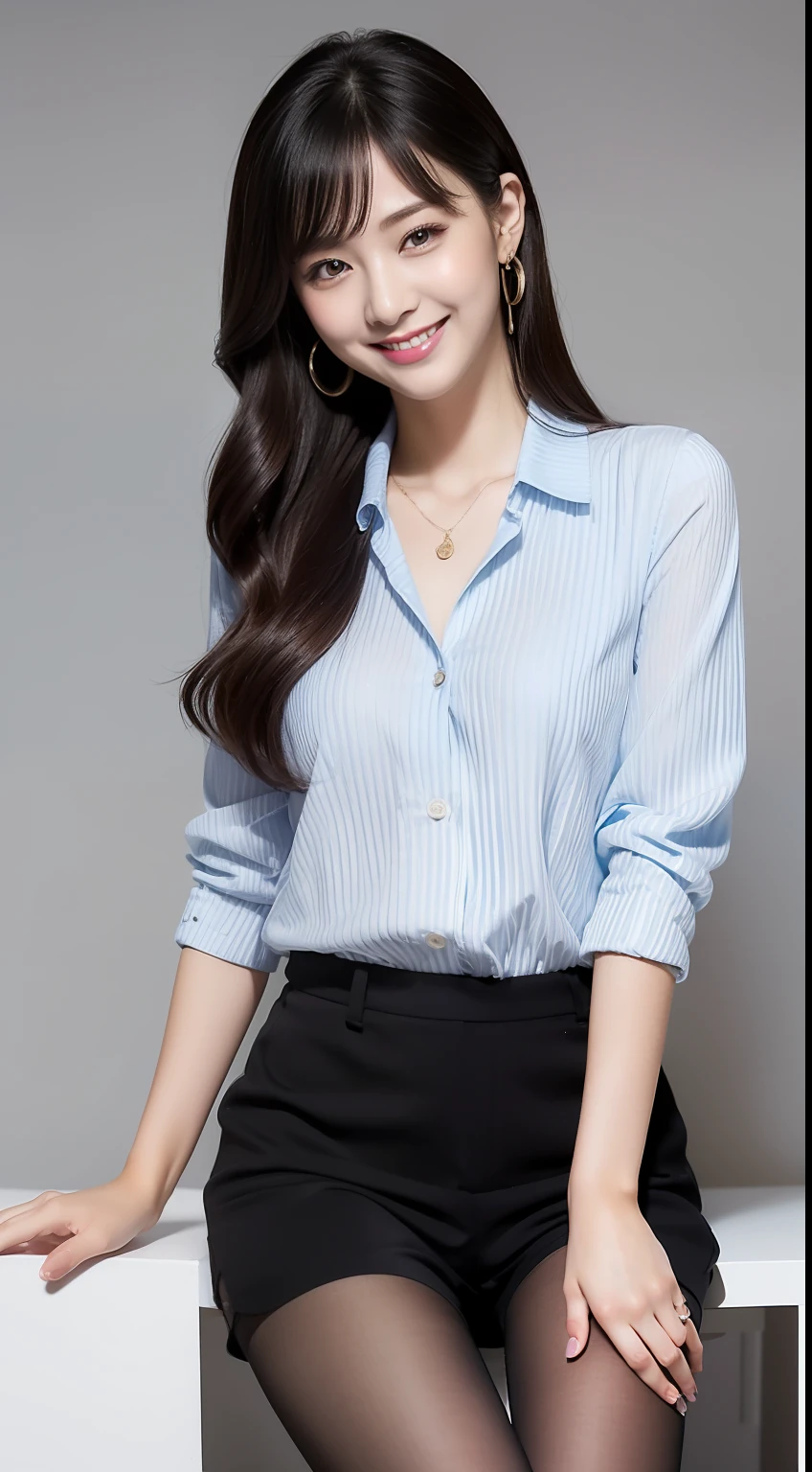 (8K、Top image quality、masterpiece:1.2)、(realisitic、Photorealsitic:1.37)、The ultra-detailliert、独奏、1girl in、full body Esbian、OL Beauty、Black Office Blazer、Office Skirt:1.2、(panthyhose:1.2)、(Sheer button-down shirt shorts:1.2)、Upcolor prim with buttons、Down color prim with buttons、bra very、(panthyhose:1.2)、Alpha Layer、high-heels、Cute earrings、Cute Solo、(A smile:1.15)、(Keep your mouth shut)、F-cup、Cute face like an idol、beatiful detailed eyes、business clothes、(loose and fluffy long hair,,,:1.2)、 Novafrog Style Floating Hair、Valley、 crouching down:1.2、Black pantyhose:1.5、Black bra:0.9、Background blur、Background Office、Workplace 1.3