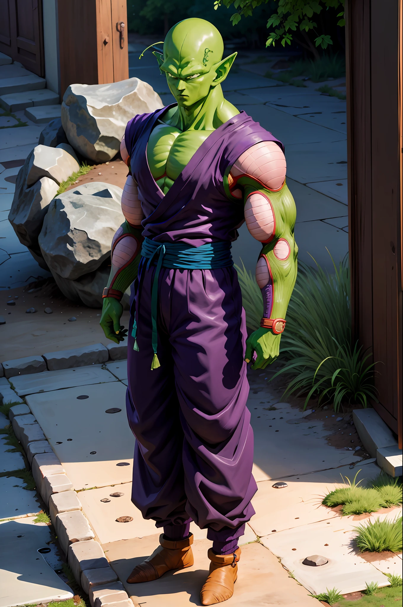 masterpiece, best quality, realistic, photorealistic, 8k,piccolo, 1boy, male focus, solo, standing, pointy ears,(purple dougi), green skin, oni horns, purple pants, closed mouth, looking at viewer, ((bald)),arms at sides,pink patches,black eyes, blue sash, rocks, grassfield