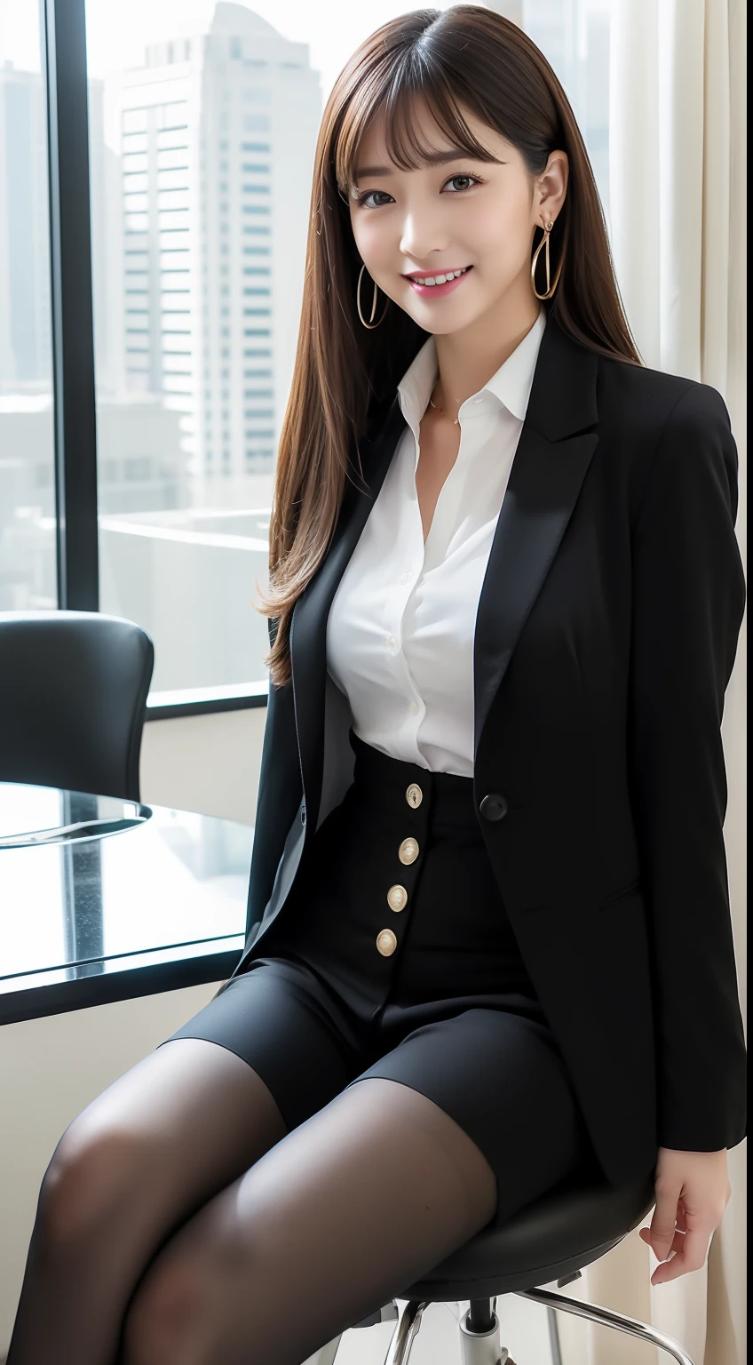 (8K、Top image quality、​masterpiece:1.2)、(realisitic、Photorealsitic:1.37)、The ultra-detailliert、独奏、1girl in、full body Esbian、OL Beauty、Black Office Blazer、Office Skirt:1.2、(panthyhose:1.2)、(Sheer button-down shirt shorts:1.2)、Upcolor prim with buttons、Down color prim with buttons、bra very、(panthyhose:1.2)、Alpha Layer、high-heels、Cute earrings、Cute Solo、(A smile:1.15)、(Keep your mouth shut)、F-cup、Cute face like an idol、beatiful detailed eyes、business clothes、(loose and fluffy long hair,,,:1.2)、 Novafrog Style Floating Hair、Valley、 Sit on a chair and raise your legs high、Black pantyhose:1.5、Black bra:0.9、Background blur、Background Office、Workplace 1.3