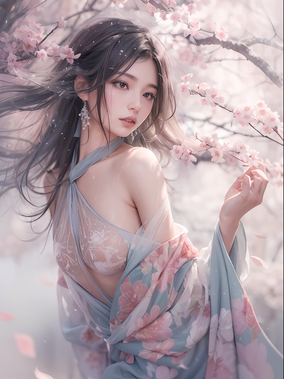 loose outfit、Show shoulders、How to wear a gown with a broken see-through halter neck、Decorated with intricate patterns and pastel colors、Transparent material that makes the skin shine、Artistic depiction of seductive woman in gown with wet thin cloth and transparent skin, Floral and fantastic pattern with flowing silky traditional see-through skin。Her dress draped elegantly around her curvaceous figure、Emphasizes her charming silhouette。She's a gentle fireworks night、Dynamic Posing、Sexy Posing、bathed in the soft glow of moonlight。The scene is、With a hint of mystery and sensuality、It exudes an ethereal dreamy atmosphere。The image style is、Incorporates a blend of watercolor and digital illustration techniques.、It makes you feel delicate beauty and charm。Soft moonlit lighting、Cast gentle highlights and shadows on her mesmerizing features。Dynamic Posing、Bold poses、The hand is somewhere、see -through、show through、A sexy、Wet hair、Wet、cherry trees、flower petals、cherryblossom、The cherry tree、Sakura blizzard、buried、Transparent skin、Wet clothes、Chest Pulling、Translucent clothes、Eau、nudde、