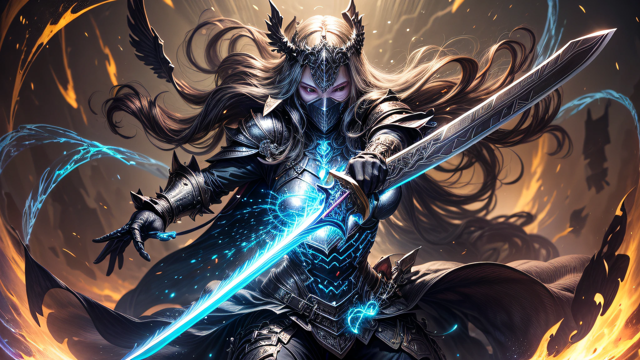 (masterpiece),(high quality), (((1man):1.5), a black knight of death) wielding a great sword Bastard Sword style a mythological object of great power, very large all carved with mythical runes displaying a condensed glow in their writings in a magical way, detailed in gold and silver with a neon glow intricate to the details, tron circuitry spread out on her with intense glow, displaying absurd power shards and vapors flying around her like a whirlpool, absolute power emanating from her, (sword focus)