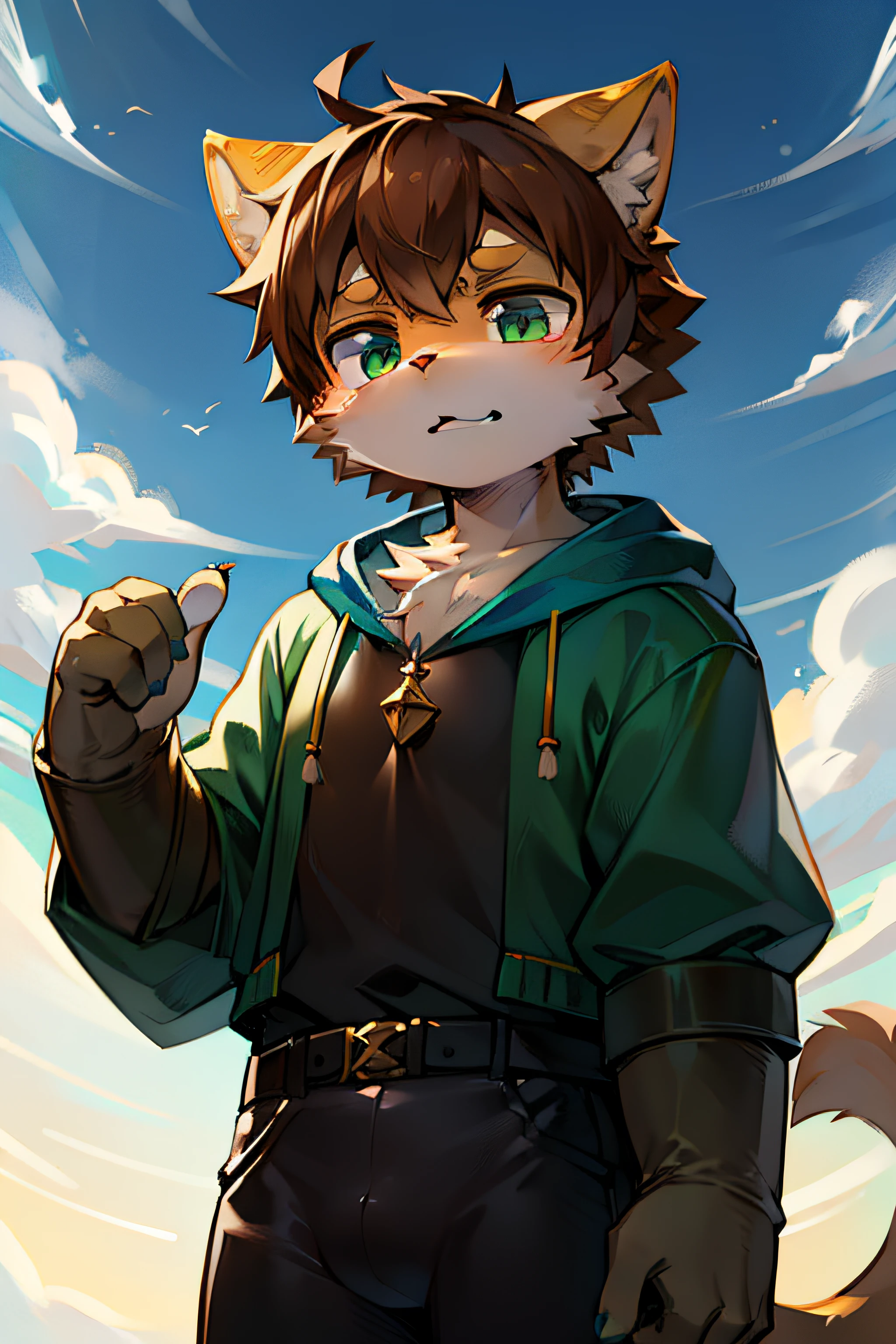 Gato blanco, ojo izquierdo verde, ojo derecho azul, anime, Fursona, peludo, kemono, delgado, tierno, , brown hair, hombre