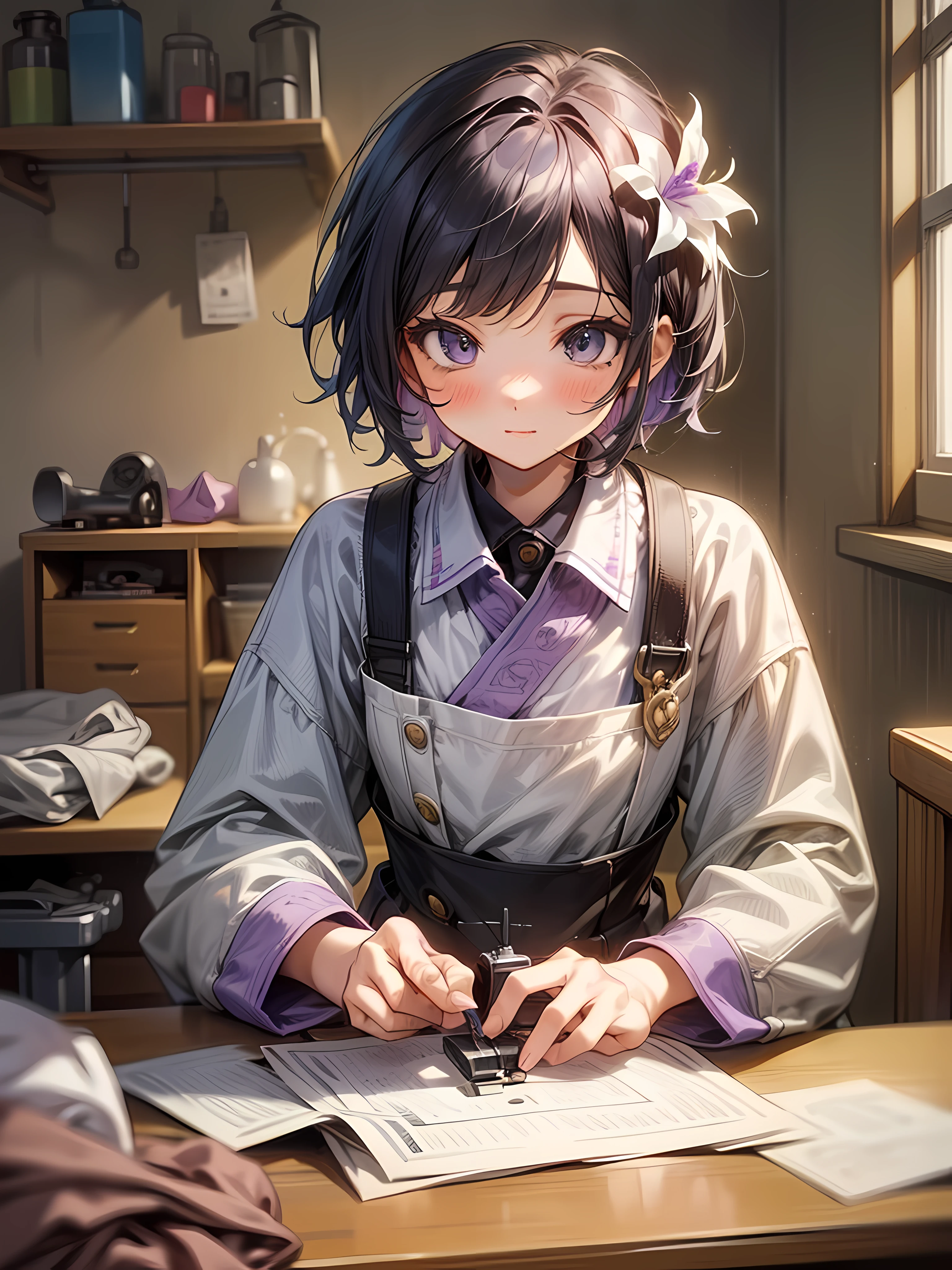 1 girl, Messy,Background, Violet,short,Hair,  Cute,  In a room,Niji style ,flower, Bibo Zi Eye,sewing machine,The clothes ar,croped,wardrobe,tailor