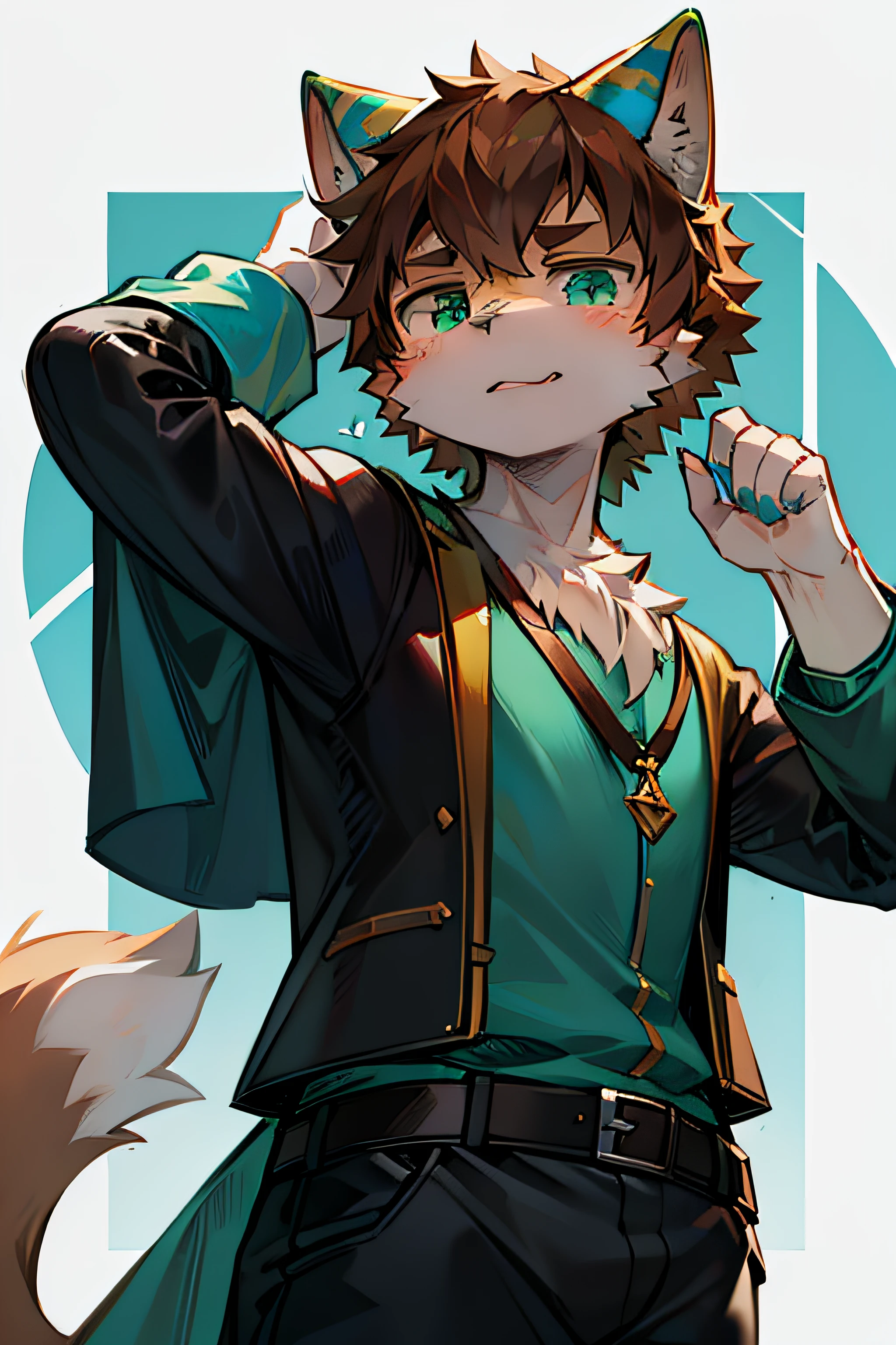 Gato blanco, ojo izquierdo verde, ojo derecho azul, anime, Fursona, peludo, kemono, delgado, tierno, , brown hair, hombre