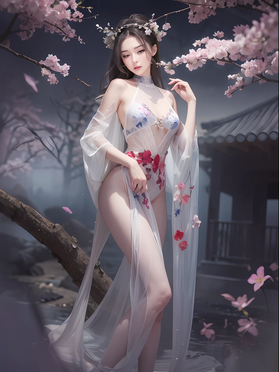 loose outfit、Show shoulders、How to wear a gown with a broken see-through halter neck、Decorated with intricate patterns and pastel colors、Transparent material that makes the skin shine、Artistic depiction of seductive woman in gown with wet thin cloth and transparent skin, Floral and fantastic pattern with flowing silky traditional see-through skin。Her dress draped elegantly around her curvaceous figure、Emphasizes her charming silhouette。She's a gentle fireworks night、Dynamic Posing、Sexy Posing、bathed in the soft glow of moonlight。The scene is、With a hint of mystery and sensuality、It exudes an ethereal dreamy atmosphere。The image style is、Incorporates a blend of watercolor and digital illustration techniques.、It makes you feel delicate beauty and charm。Soft moonlit lighting、Cast gentle highlights and shadows on her mesmerizing features。Dynamic Posing、Bold poses、The hand is somewhere、see -through、show through、A sexy、Wet hair、Wet、cherry trees、flower petals、cherryblossom、The cherry tree、Sakura blizzard、buried、Transparent skin、Wet clothes、Chest Pulling、Translucent clothes、Eau、nudde、garterbelts、knee high socks、fishnet tights、