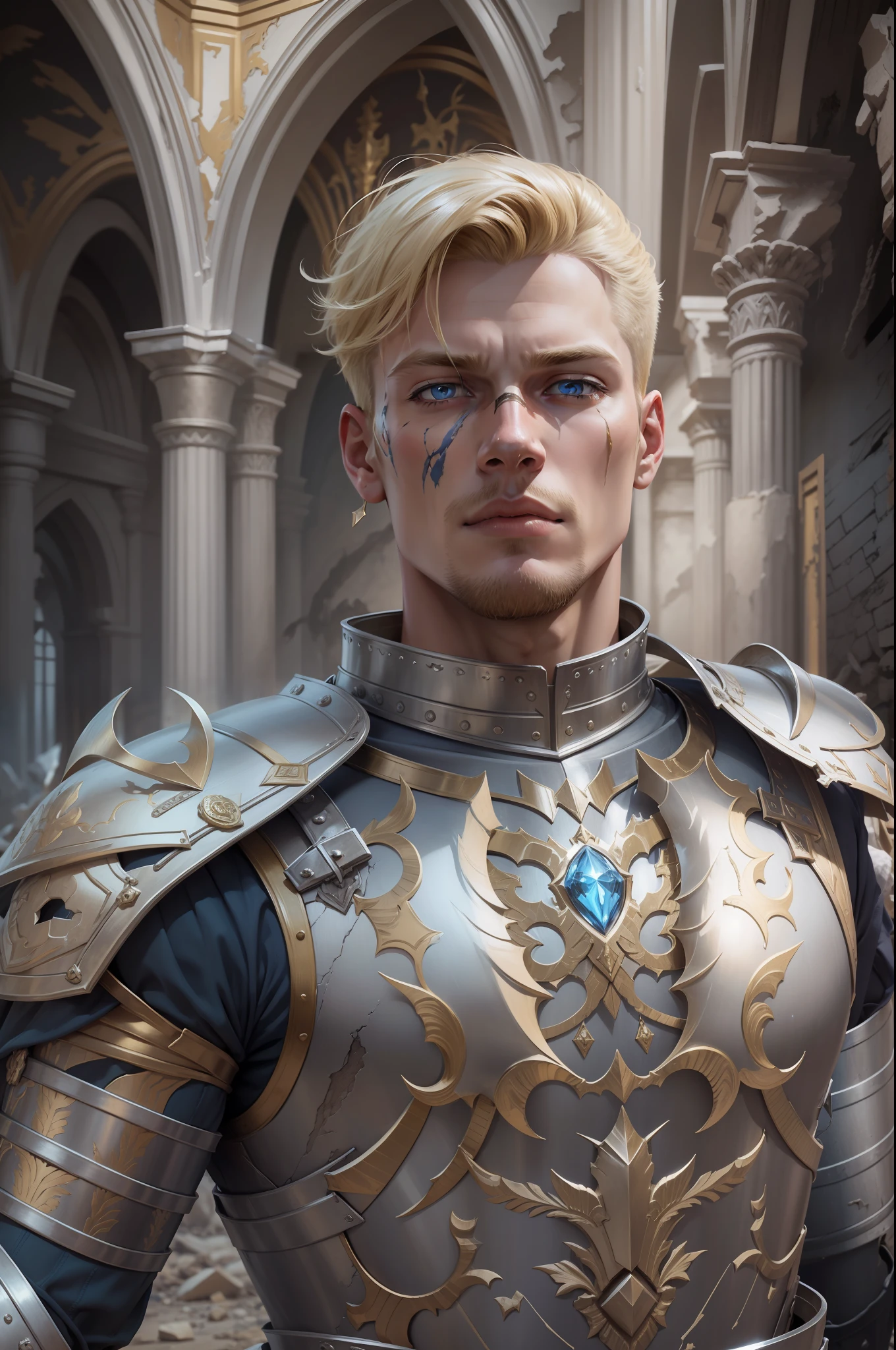 realistic image of a blond male with short hair, 30s, tall, strong, extremely detailed blue eyes, with a confident expression, dressed in silver Rpg warrior armor torso, golden broken shoulder pads, standing, with injuries on his face , in a hall of a destroyed royal palace filled with rubble
