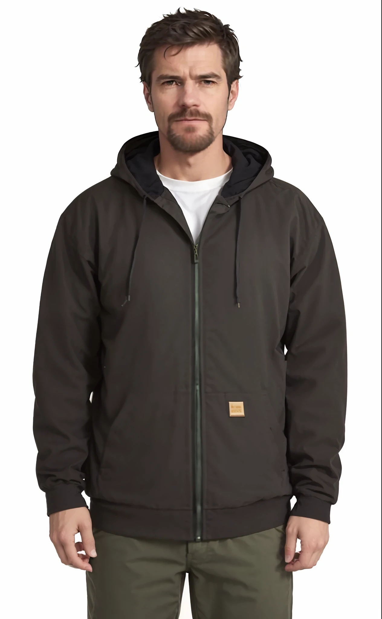 A man in a black jacket and green pants standing, encapuzado, vestindo um moletom cinza com capuz, F / 2 0, Hoody, Capuz, graFite, marrom, sweater, h 768, h 7 6 8, cinza escuro, usando capuz, Foto de retrato, usado, Foto do produto, Pitt, h 7 0 4, item, F/2, F / 2