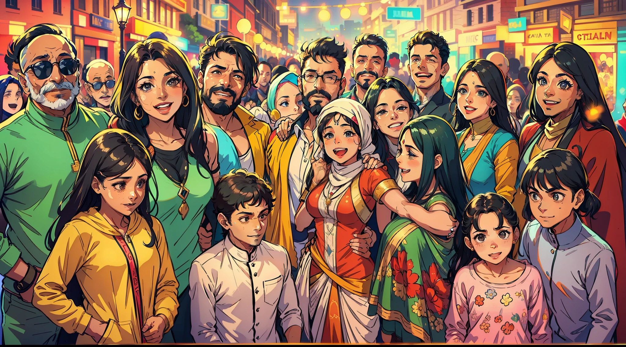 A heartwarming moment of Vikram and Zara surrounded by a diverse group of people, all smiling and coming together to support Aisha's dreams during their charity event, representing the power of unity and collective positive impact.
