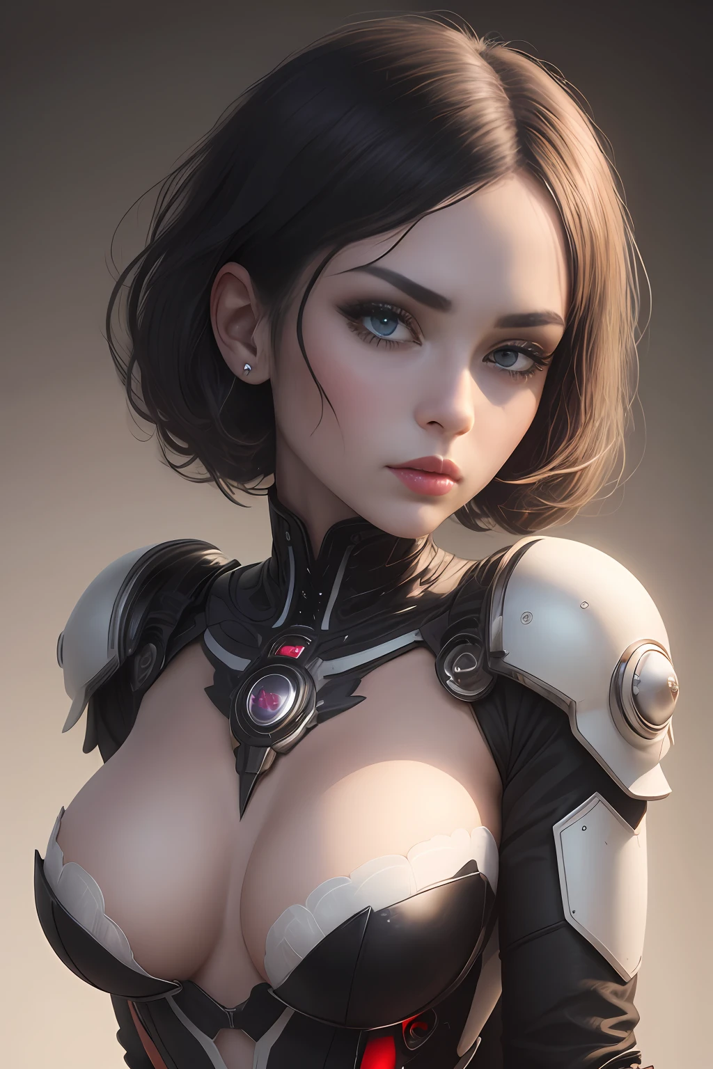 Cold cybergirl bust,short detailed hair,Wear a blood-colored technology exoskeleton,The expression was cold,White eyeballs,super-fine,Full close-up of the head and chest,Fine oval technique composition background,Beautiful image,Multiple monochromes,tmasterpiece,Anatomically accurate,Accurate light and shadow,hight contrast;RococoStyle,
