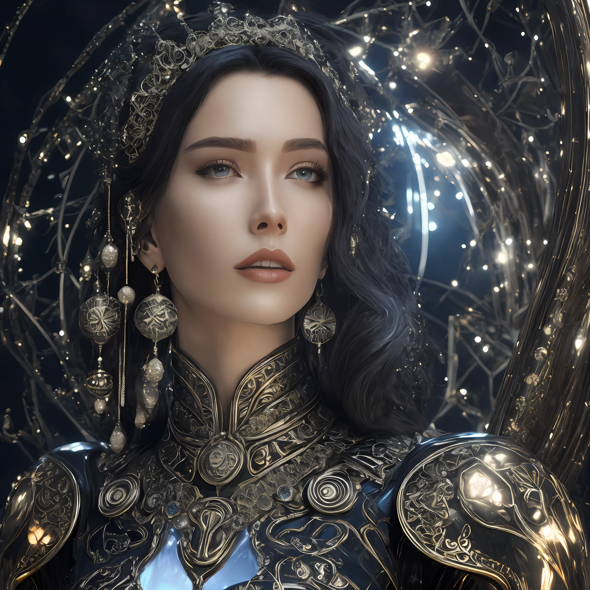 photore，sportrait，Complex 3D rendering of beautiful and charming biomechanical female robot，Has a porcelain finish、simulating、Beautiful natural light、rim-light、150mm lens、an aztec warrior、feater、?????? piercing、Aztec tattoo、flor branca、Vanilla leaves and stems、Meandering roots、white blossoms、Fine-leaved lace、steampunc、Silver-gold filigree detailing、alexander mcqueen haute couture、Pearl earrings、Art Nouveau embroidery、Hexagonal network cable、Mandelbro fractal、face muscles、cable wires、micro Chip、ellegance、Beautiful natural light，Studio lights，rim-light，The is very detailed，ultra-realistic realism，Sharp，rendering by octane,HR Giger style，Volumetriclighting，8 k post production，God floating on fire[The discovery of the wormhole leads to the cursed Prince of the New World having to marry the Void]，[sci-fy：fanciful：0.6J movie lighting，detailedbackground，at centre，Michael Bay style，insane detailed，k hd，concept-art，number art，with dynamism，，（The most beautiful art in the world：1.2）
(Void 3 energy：1.3)