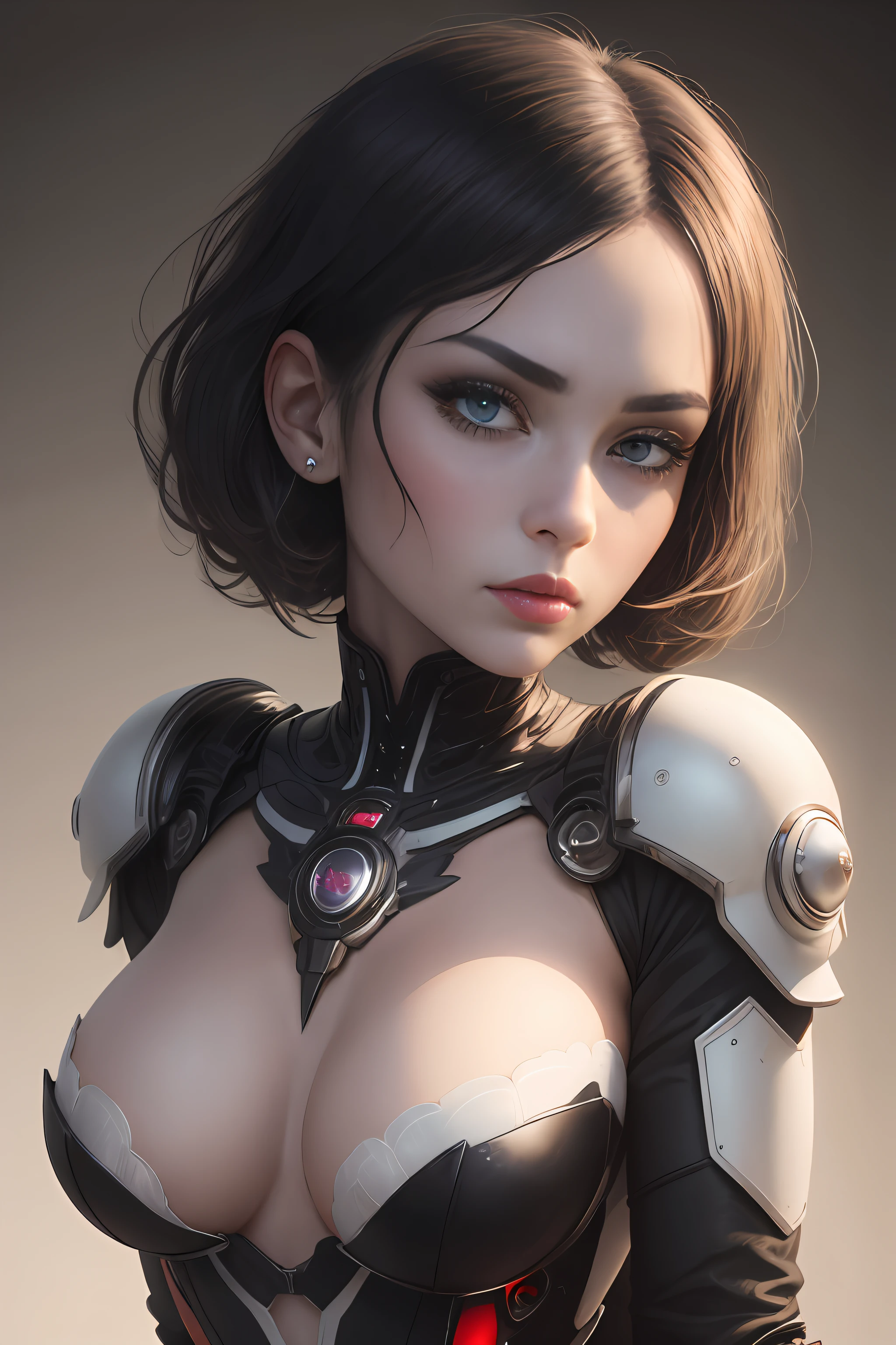 Cold cybergirl bust,short detailed hair,Wear a blood-colored technology exoskeleton,The expression was cold,White eyeballs,super-fine,Full close-up of the head and chest,Fine oval technique composition background,Beautiful image,Multiple monochromes,tmasterpiece,Anatomically accurate,Accurate light and shadow,hight contrast;RococoStyle,