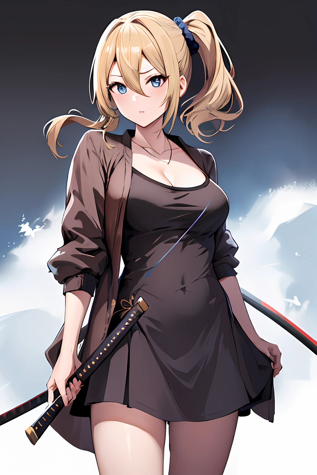 masterpeace, best quality, highres, 1girl, solo, hayasaka ai, blue scrunchie, side ponytail, hair between eyes, blue eyes, blonde hair, hair ornament, breasts,samurai cloths,holding Katana, necklace, collarbone, black dress, jewelry, sweater, cowboy shot, standing,