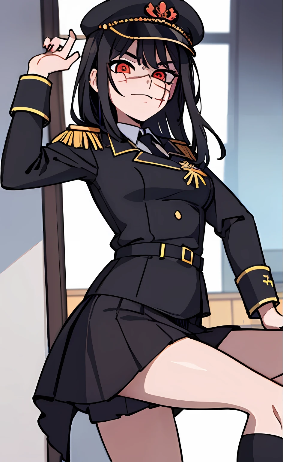 (masterpiece, best quality: 1.2), Solo, 1girl, Yoru \(Chainsaw Man\), looking at the viewer, different poses, red eye, long hair, completely black hair, reference to clothing of a German WWII general, black long sleeves (best quality), scar on face, beautiful eyes, has only 2 arms, has war medals on his clothes,  Black Military Cap, Golden Eagle Medal on Clothing, (Wallpaper), (8K HD), (8K HD), Golden Shoulder Pads, Sprites, 1 Single Design (obra maestra, mejor calidad: 1.2), Solo, 1girl, Yoru \(Chainsaw Man\), mirando al espectador, sonrisa, MALVADA, diferentes poses, ojo rojos, cabello largo, cabello completamente negro, reference to clothing of a German general from World War II, mangas largas negras (mejor calidad), cicatriz en la cara, hermosos ojos, tiene solo 2 brazos, tiene medallas de guerra en su ropa, Gorra militar negra, Golden Eagle Medal in Dress, (fondo de pantalla), (8K HD), (8K HD), hombreras doradas, sprites, 1 single design