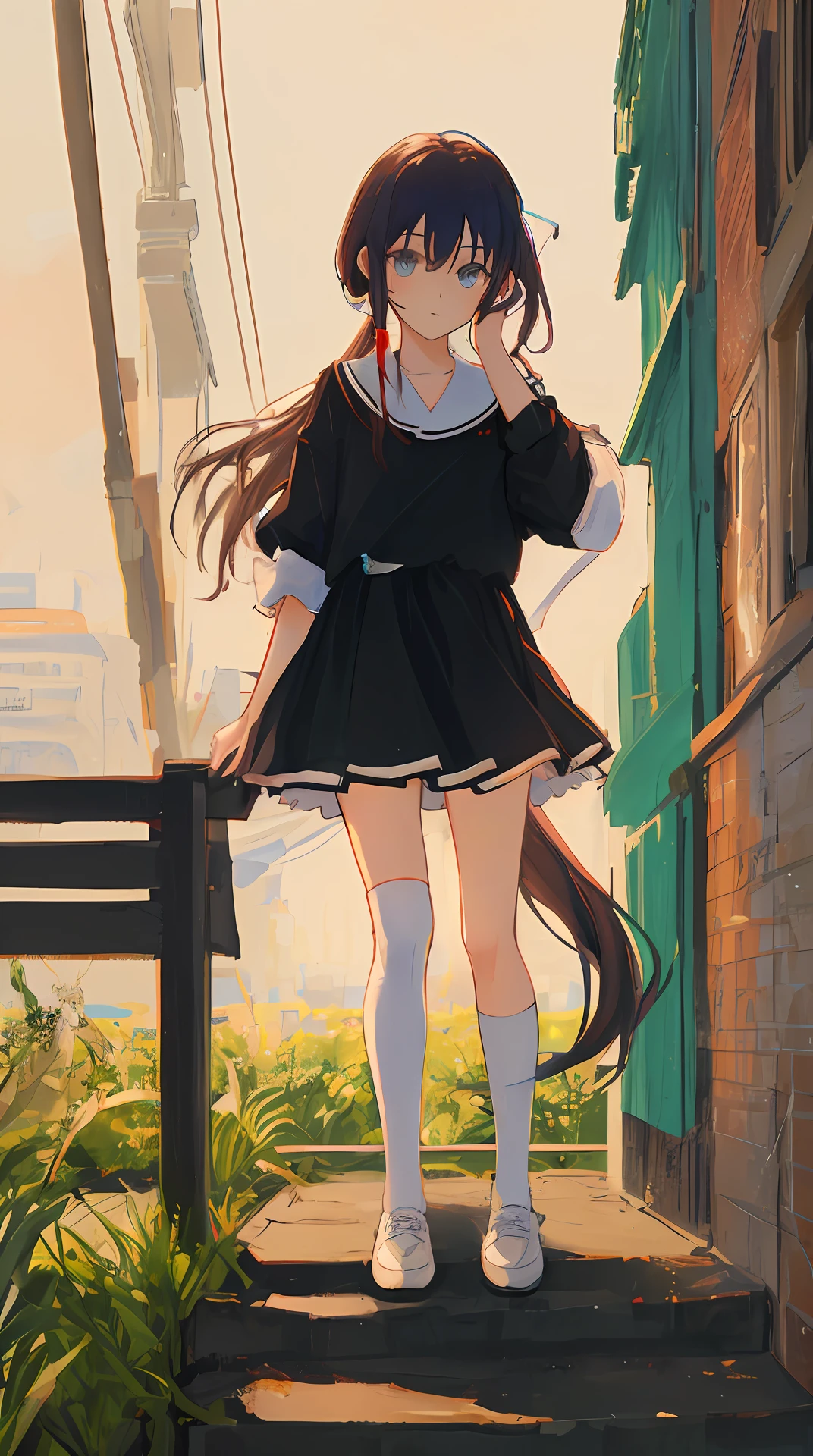 Kizi,Single horsetail,white shoe,black over-the-knee socks,adolable,tmasterpiece,k hd