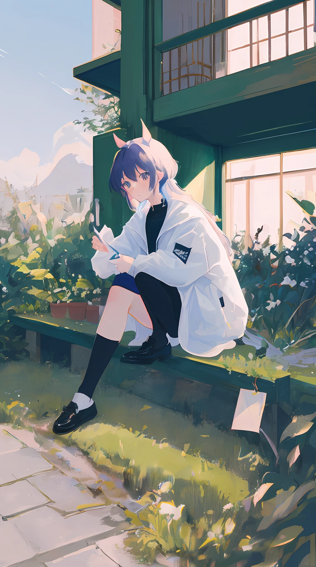 Kizi,Single horsetail,white shoe,black over-the-knee socks,adolable,tmasterpiece,k hd