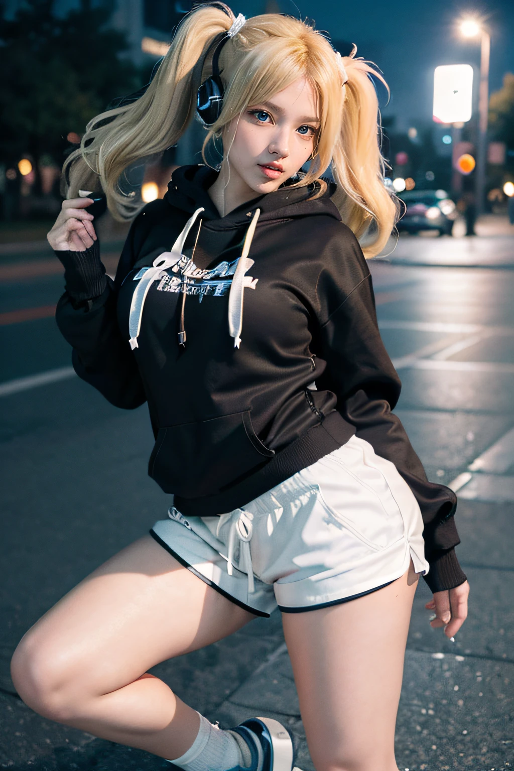 1girl, (Blue eyes), sexy smile, ((Sana Minatozaki)), wide hips, Big breasts, big butt, (Best Quality, 8k, Masterpiece: 1.3)), Clear focus: 1.2, Perfect body beauty: 1.4, Slender abs: 1.2, Wet body: 1.5, Highly detailed face and skin texture, detailed eyes, double eyelids ((twintails blonde hair)), long legs, ((shorts)), ((black_hoodie)), kneepads, headphones, rollers, roller skates, skating, extreme sport, jumping, dynamic pose, full body, in a illuminated park at night, big long shot