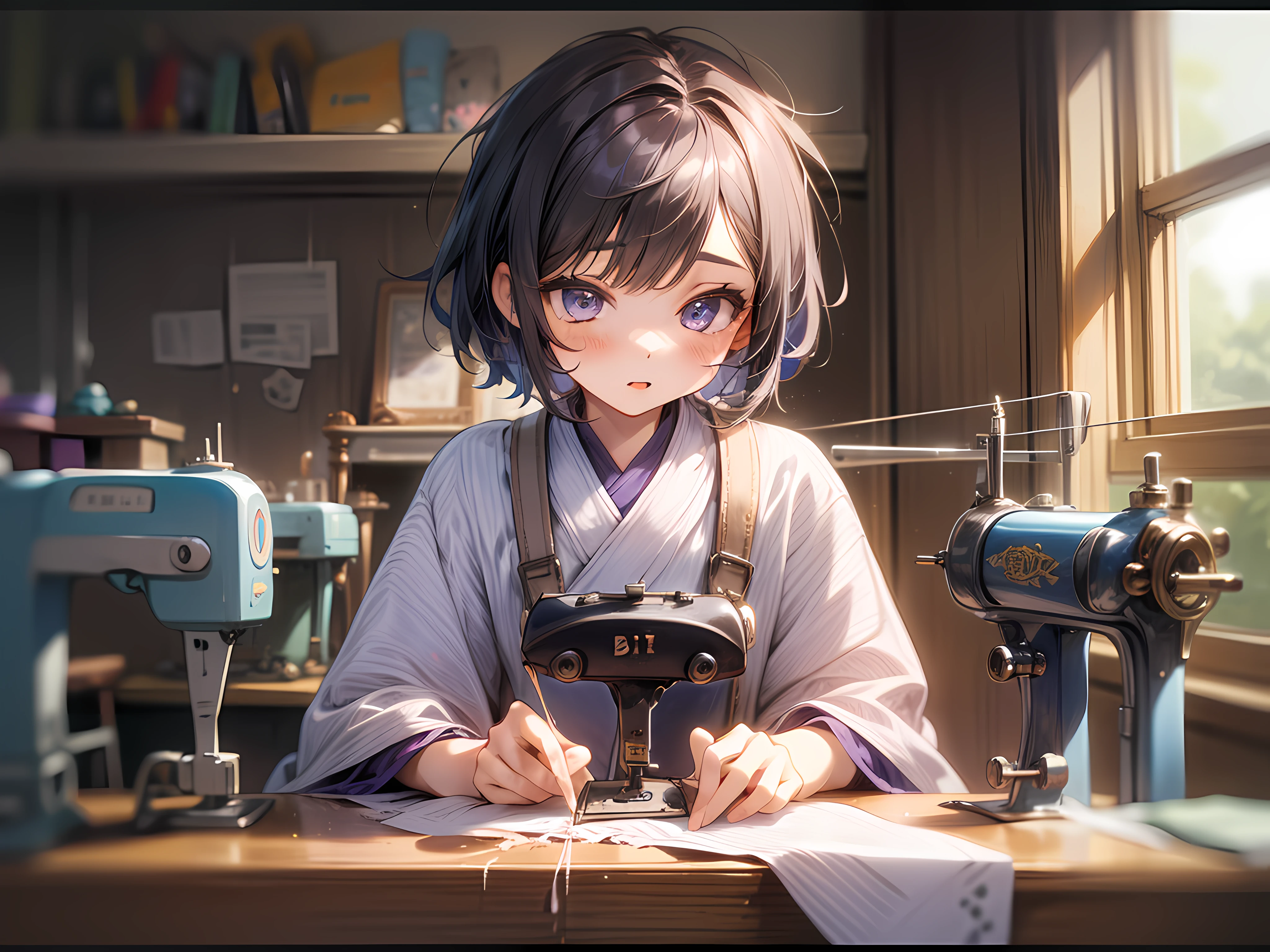 1 girl, Messy,Background, Violet,short,Hair, Cute, In a room,Niji style ,flower, Bibo Zi Eye,sewing machine,The clothes ar,croped,wardrobe,tailor,costume designing