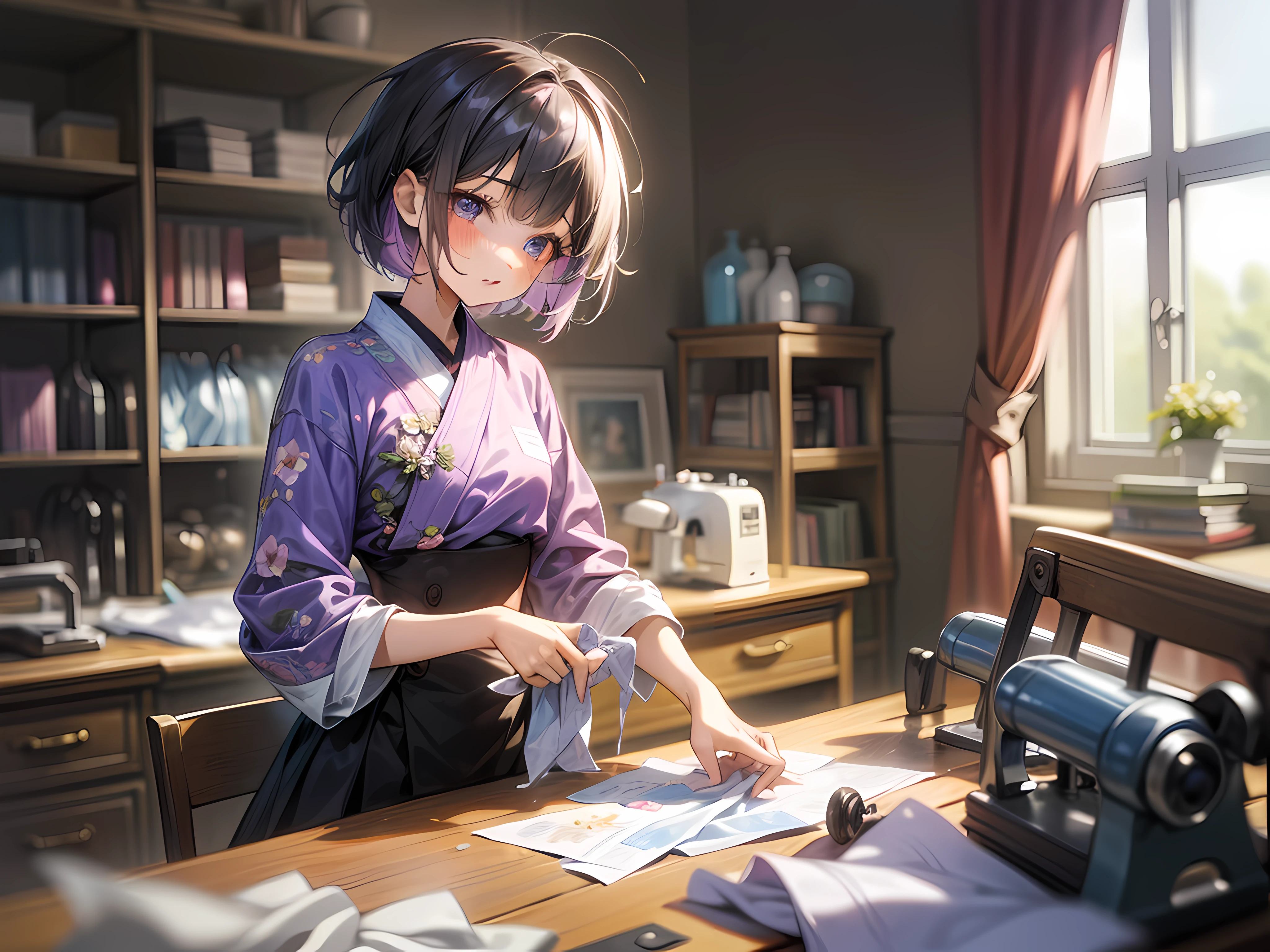 1 girl, Messy,Background, Violet,short,Hair, Cute, In a room,Niji style ,flower, Bibo Zi Eye,sewing machine,The clothes ar,croped,wardrobe,tailor,costume designing
