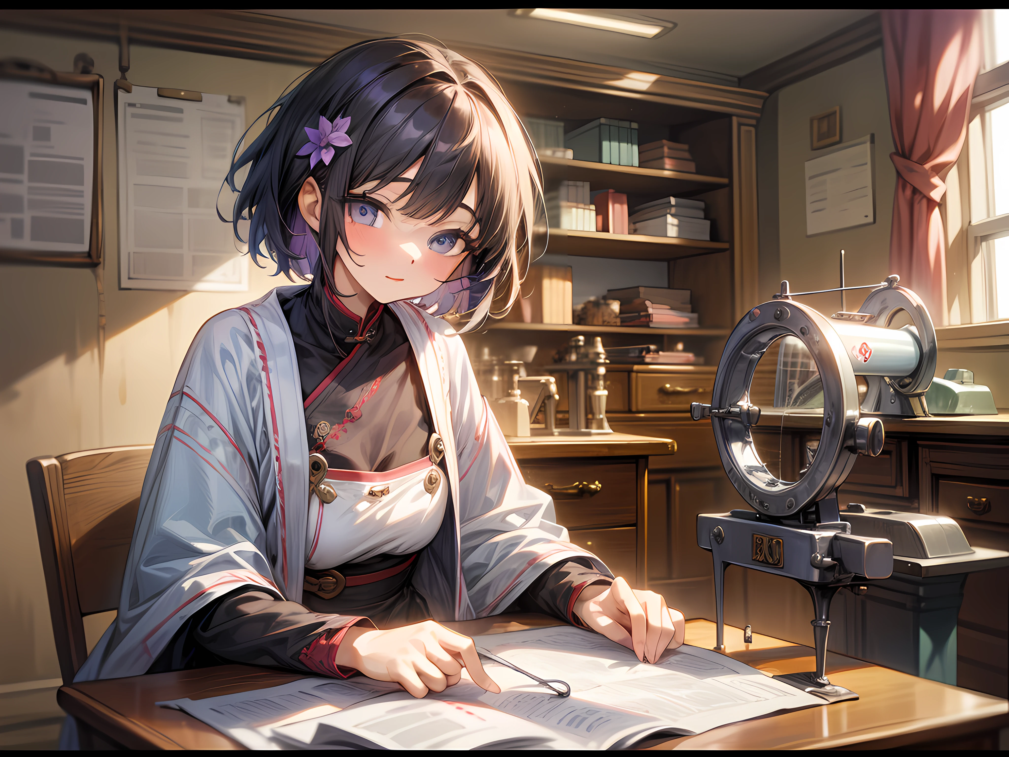 1 girl, Messy,Background, Violet,short,Hair, Cute, In a room,Niji style ,flower, Bibo Zi Eye,sewing machine,The clothes ar,croped,wardrobe,tailor,costume designing