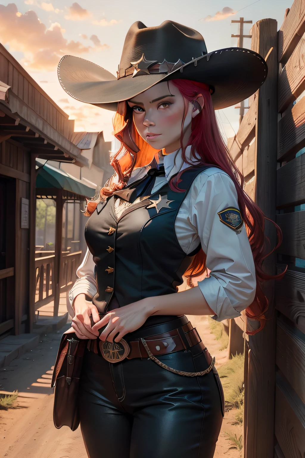 Best quality, anime, masterpiece, wild west, cowgirl, sheriff, ground, red_hair, green_eyes, black_hat, black_pants, white_shirt, black_vest with star sheriff badge only, detailed, Sunrise, outdoors.