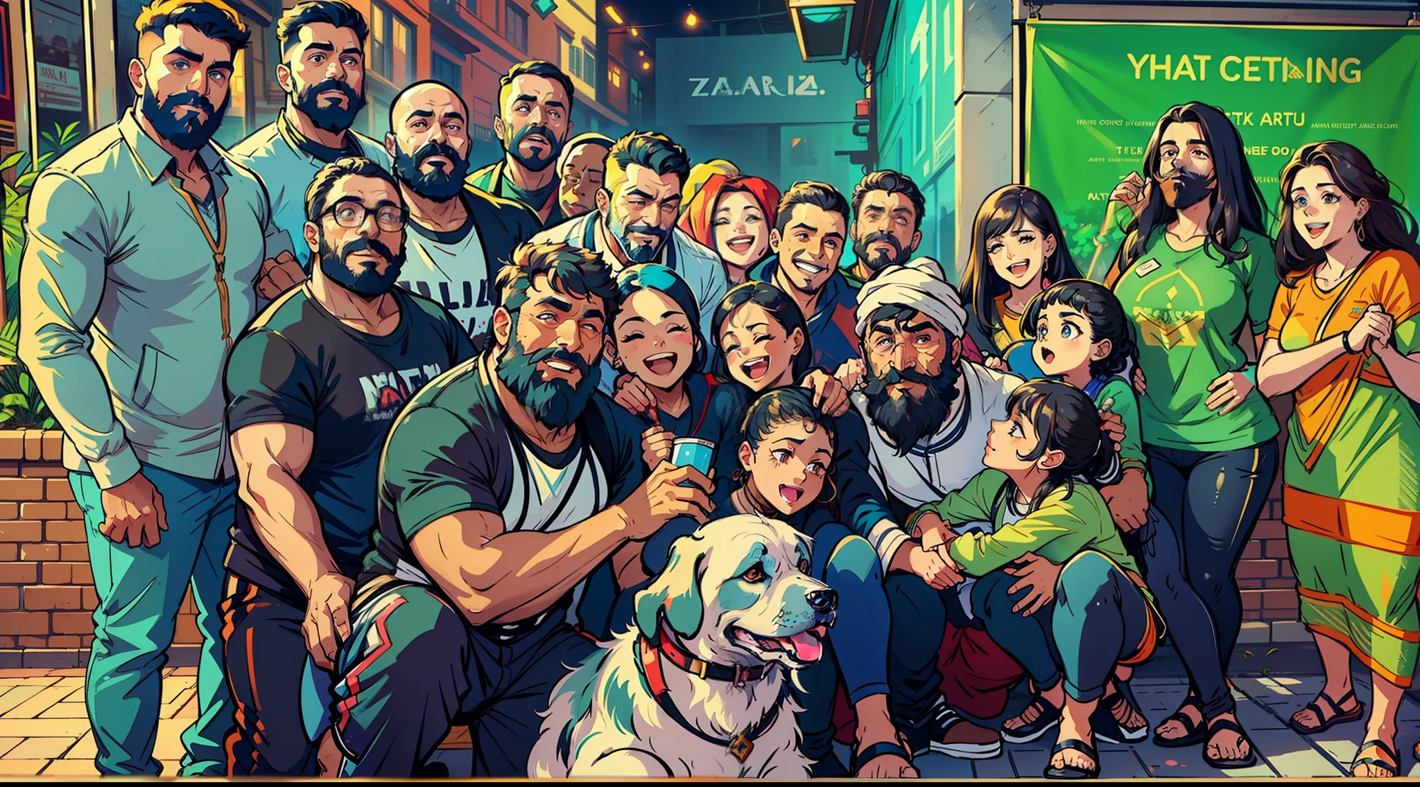 A heartwarming moment of Vikram the bearded cute man and Zara the dog surrounded by a diverse group of people, all smiling and coming together to support Aisha's dreams during their charity event, representing the power of unity and collective positive impact.