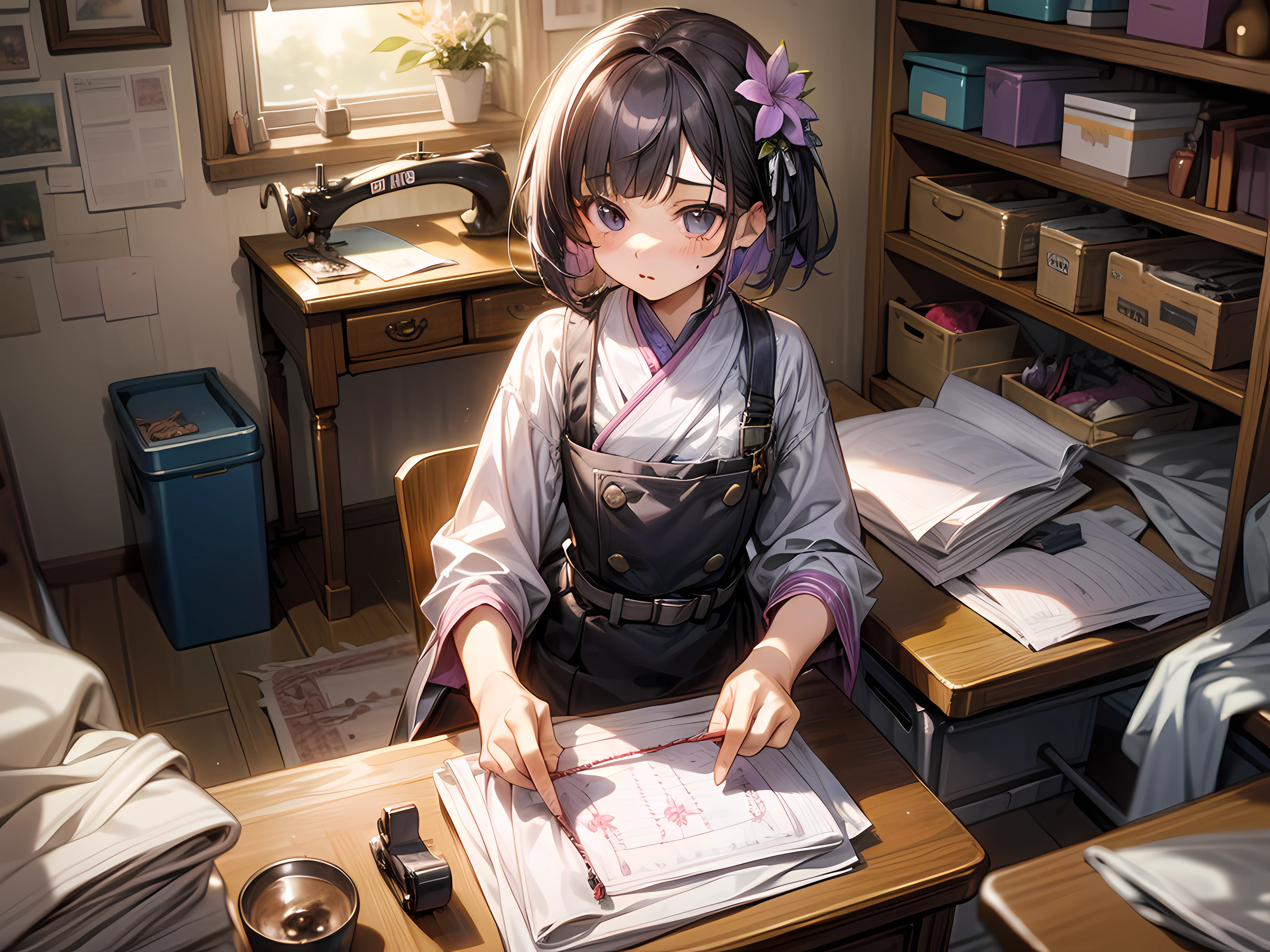 1 girl, Messy,Background, Violet,short,Hair, Cute, In a room,Niji style ,flower, Bibo Zi Eye,sewing machine,The clothes ar,croped,wardrobe,tailor,costume designing