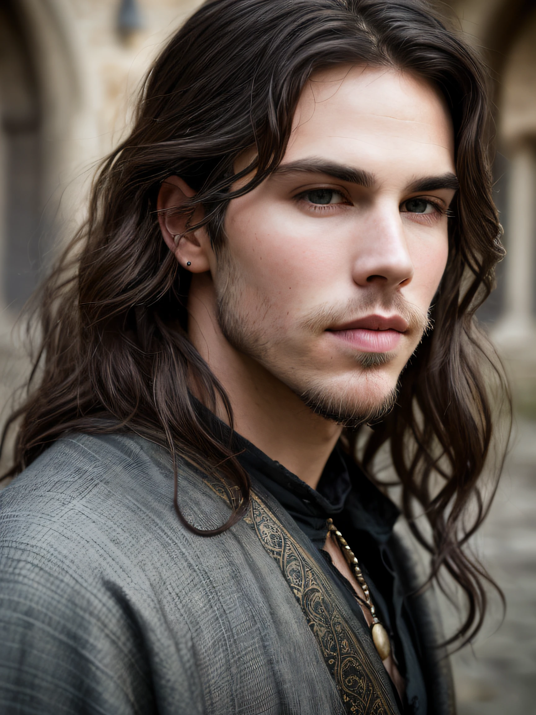 A (portrait photography: 1.2) close up portrait of a mix between Austin Butler and Ian Somerhalder as a charming 30 years old medieval fantasy male, pale skin, very long wavy shabby black hair parted in the middle, incredible grey eyes, long arched eyebrows, thick lush beard, fantasy clothes, intense look, fascinating, slim and athletic, in a big medieval fantasy city, overcast, cinematic lighting, Canon EOS 5D Mark IV
