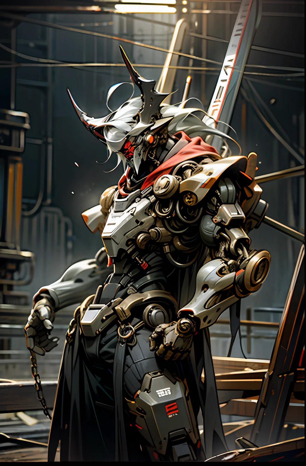 Dark_Fantasy,Cyberpunk,(chain saw,chain saw man,Red:1.1),1man,Mechanical marvel,Robotic presence,Cybernetic guardian,wearing a worn-out mech suit，iintricate，（Steel metal[rusted]），ellegance，Clear focus，Photo by Greg Rutkowski，gentlesoftlighting，vivd colour，tmasterpiece，（（the street）），cow boy shot，dynamicposes，Waves，communication，radio station，Huge antenna