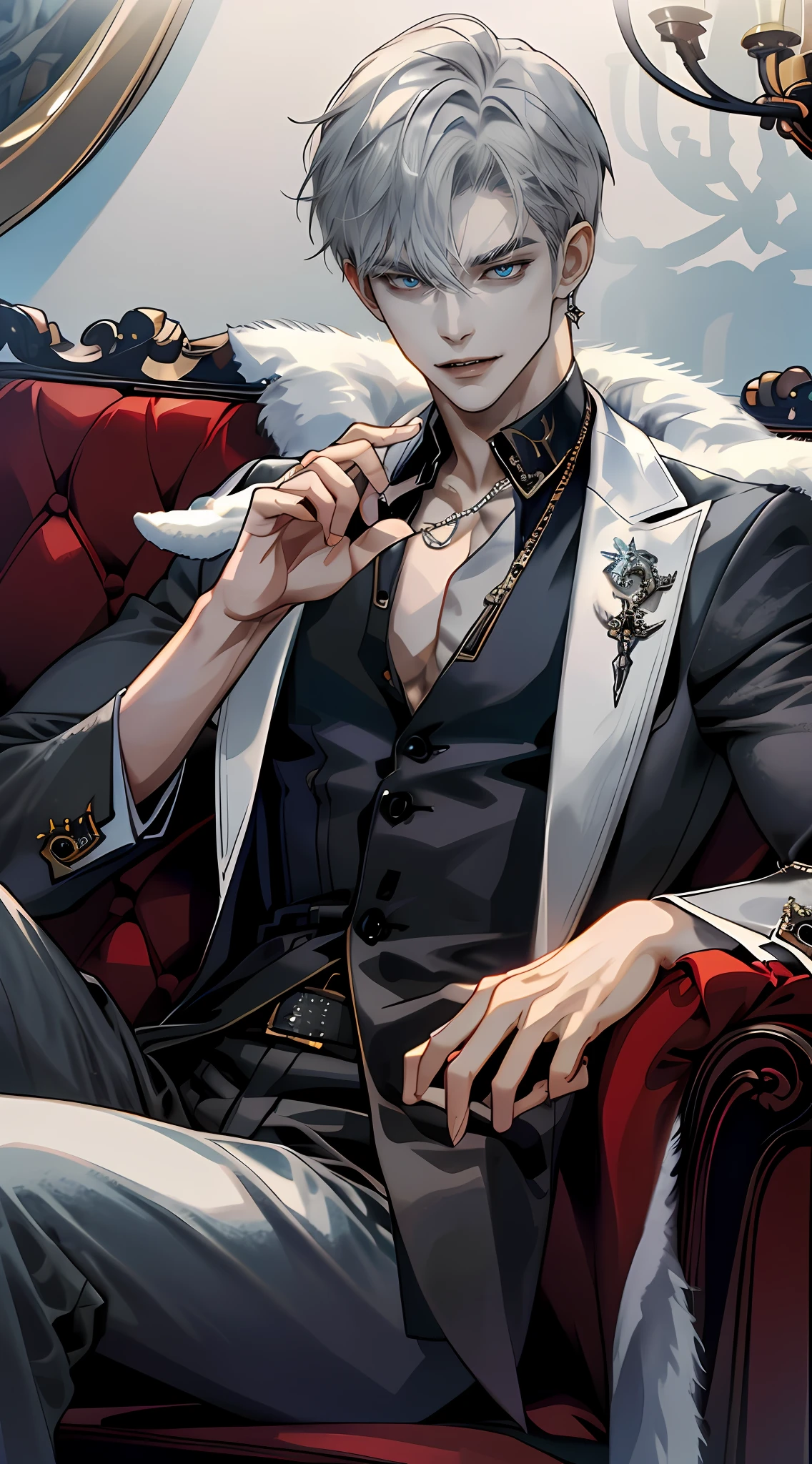 (tmasterpiece,A high resolution,ultra - detailed:1.0),(1boy,young male:1.3),Perfect male body,(Sexy adult male:1.3), Look at the camera,Delicate eyes and delicate face,Extremely detailed CG,Unity 8k wallpaper,Complicated details,solo person, Detailed face, (Long gray hair, Stylish and sexy menswear, Metal necklace, sat on a sofa in a luxuriously living room, Modern clothes, earring), evil grin smile,show chest, (Vampire theme:1.3), color difference, Depth of field,dramatic shadow,Ray tracing,Best quality, sportrait