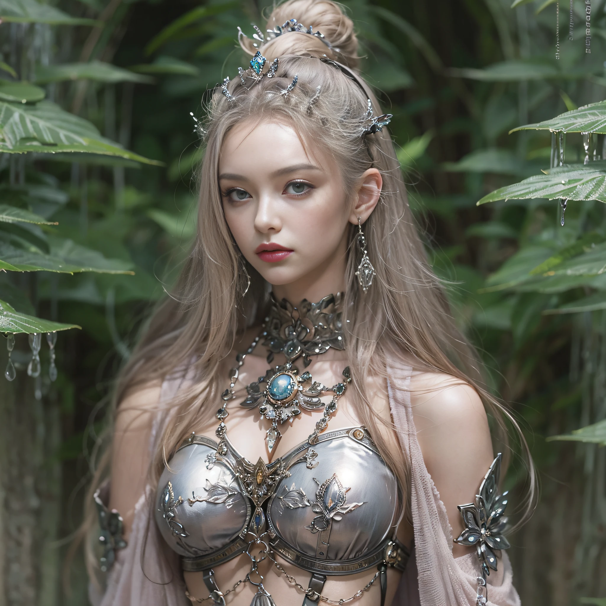 ((​masterpiece)、(top-quality)、(reallistic))、beautiful queen:1.4、Bondage style、latex shiny、By Luis Royo:1.4、1girl in、Sexy Daughter、Attractive earrings with impressive beauty、a choker、a necklace、piercings、(Super beauty)、Super Ultra Ultra Bikini、standingn、fullllbody:1.4、(Beauty in return)、Fantastic mythological landscape