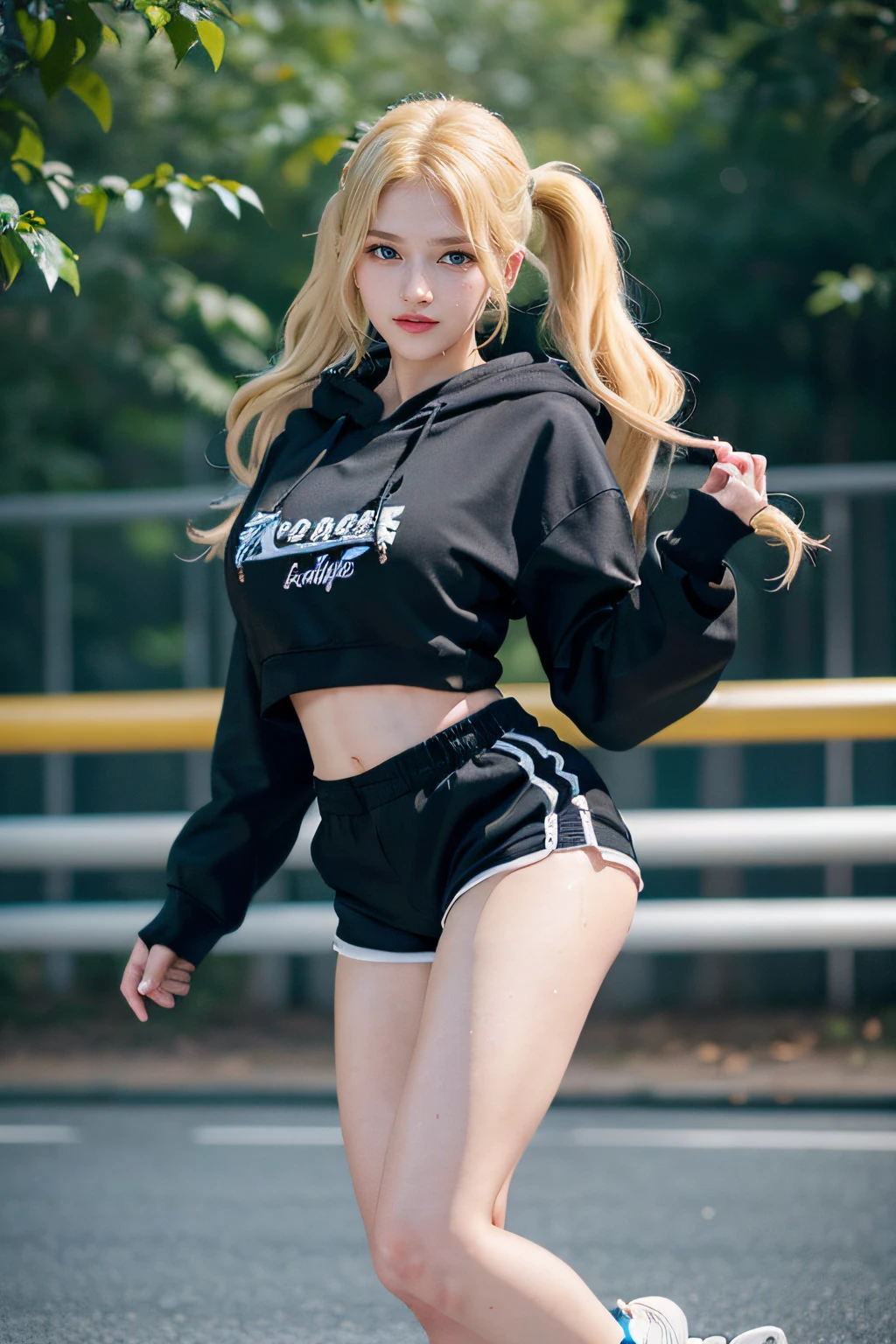 1girl, (Blue eyes), sexy smile, ((Sana Minatozaki)), wide hips, Big breasts, big butt, (Best Quality, 8k, Masterpiece: 1.3)), Clear focus: 1.2, Perfect body beauty: 1.4, Slender abs: 1.2, Wet body: 1.5, Highly detailed face and skin texture, detailed eyes, double eyelids ((twintails blonde hair)), long legs, ((shorts)), ((black_hoodie)), kneepads, rollers, roller skates, skating, extreme sport, jumping, dynamic pose, full body, in a illuminated park at night, big long shot