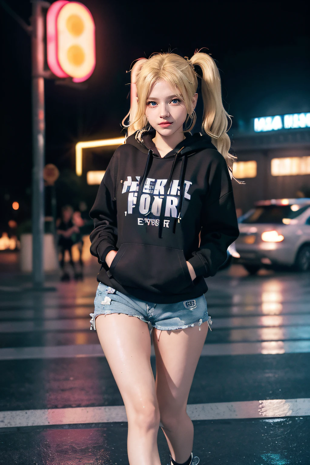 1girl, (Blue eyes), sexy smile, ((Sana Minatozaki)), wide hips, Big breasts, big butt, (Best Quality, 8k, Masterpiece: 1.3)), Clear focus: 1.2, Perfect body beauty: 1.4, Slender abs: 1.2, Wet body: 1.5, Highly detailed face and skin texture, detailed eyes, double eyelids ((twintails blonde hair)), long legs, ((shorts)), ((black_hoodie)), kneepads, rollers, roller skates, skating, extreme sport, jumping, dynamic pose, full body, in a illuminated park at night, big long shot