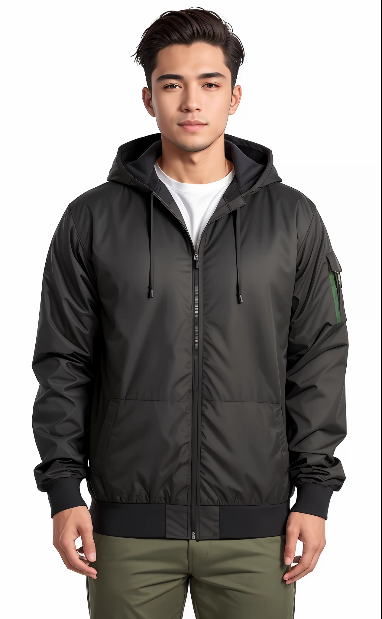 A man in a black jacket and green pants standing, encapuzado, vestindo um moletom cinza com capuz, F / 2 0, Hoody, capuz, grafite, marrom, sweater, h 768, h 7 6 8, cinza escuro, usando capuz, foto retrato, Usado, Foto do produto, Pitt, h 7 0 4, item, F/2, F / 2