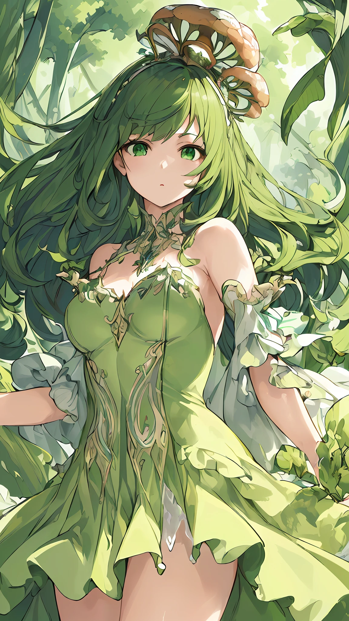 (((masterpiece))),(((bestquality))),((ultra-detailed)),(illustration),((anextremelydelicateandbeautiful)),dynamicangle,floating,(beautifuldetailedeyes),(detailedlight) (1girl), solo, floating_hair,glowingeyes,green hair,greeneyes, mushroom on head, halterdress, atdan, green background,