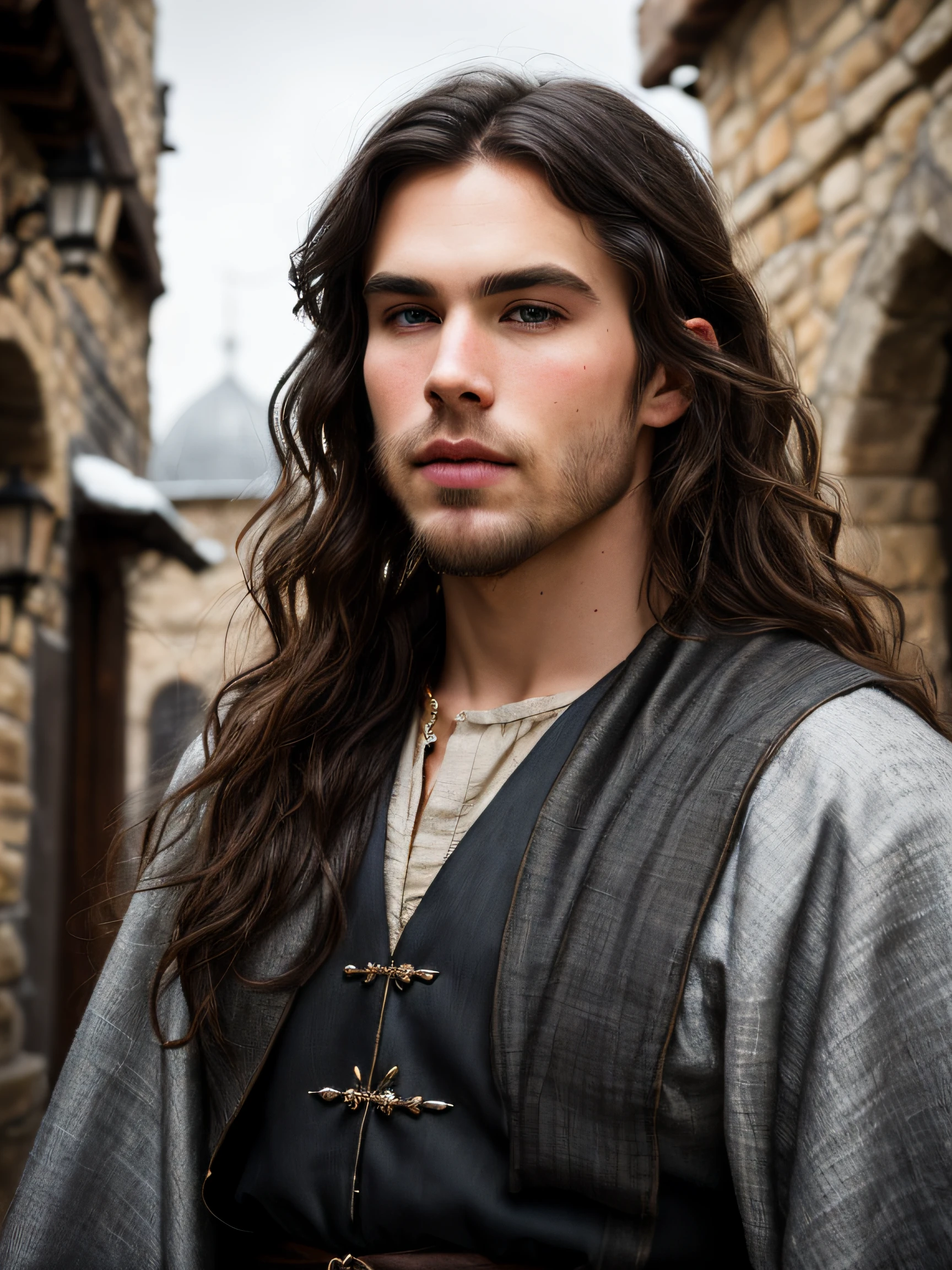 A (portrait photography: 1.2) close up portrait of a mix between Austin Butler and Ian Somerhalder as a charming 30 years old medieval fantasy male, pale skin, very long wavy shabby black hair parted in the middle, incredible grey eyes, long arched eyebrows, thick lush beard, fantasy clothes, intense look, fascinating, slim and athletic, in a big medieval fantasy city, overcast, cinematic lighting, Canon EOS 5D Mark IV