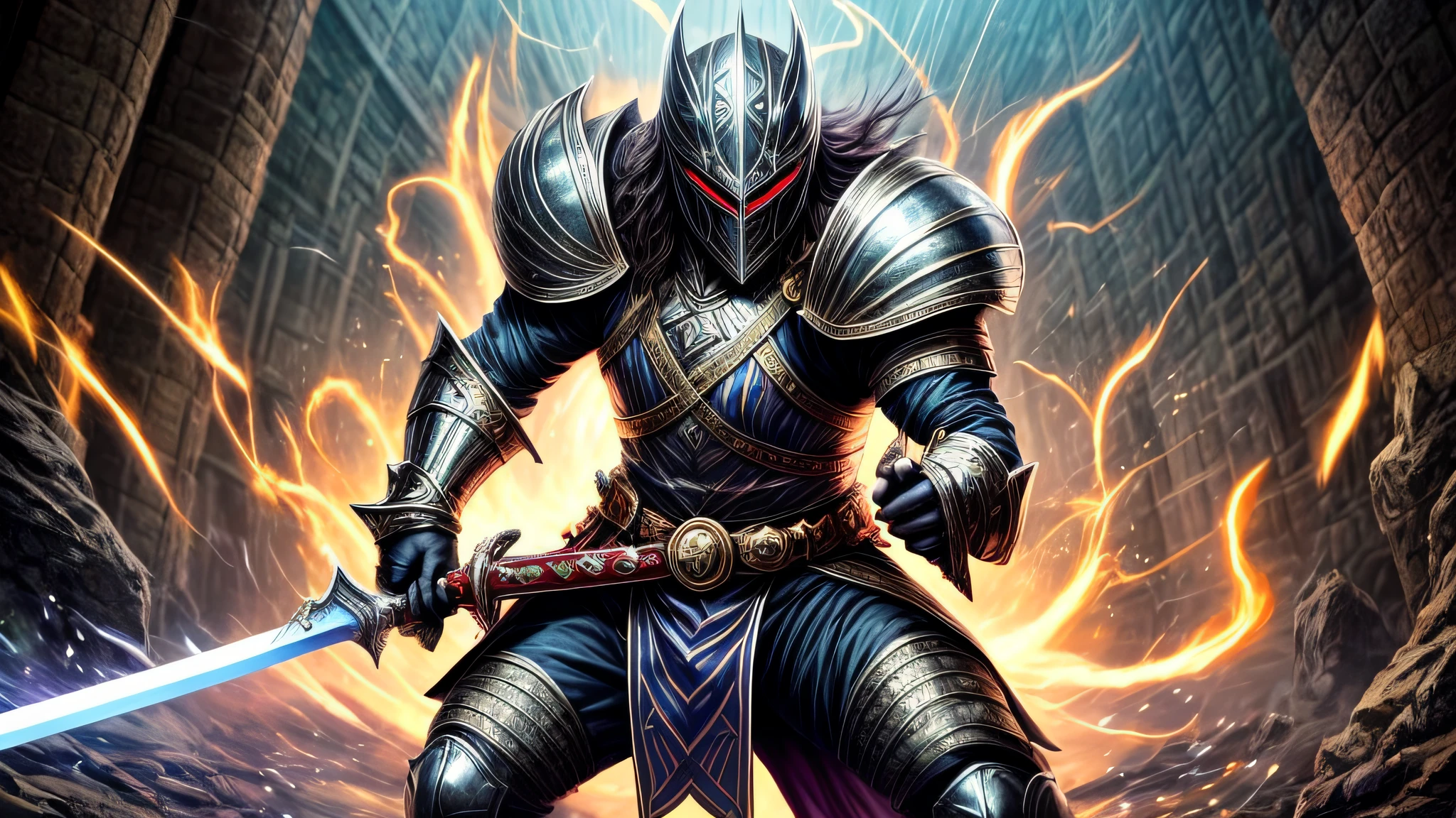 (((1man)), a black knight of death),((wielding a large Bastard Sword style sword a mythological object of great power, very large all carved with mythical runes displaying a condensed glow in their writings in a magical way, detailed in gold and silver with a neon glow intricate to the details, tron circuitry spread out on her with intense glow, displaying absurd power shards and vapors flying around her like a whirlpool, absolute power emanating from her, (focus on sword), (male character)