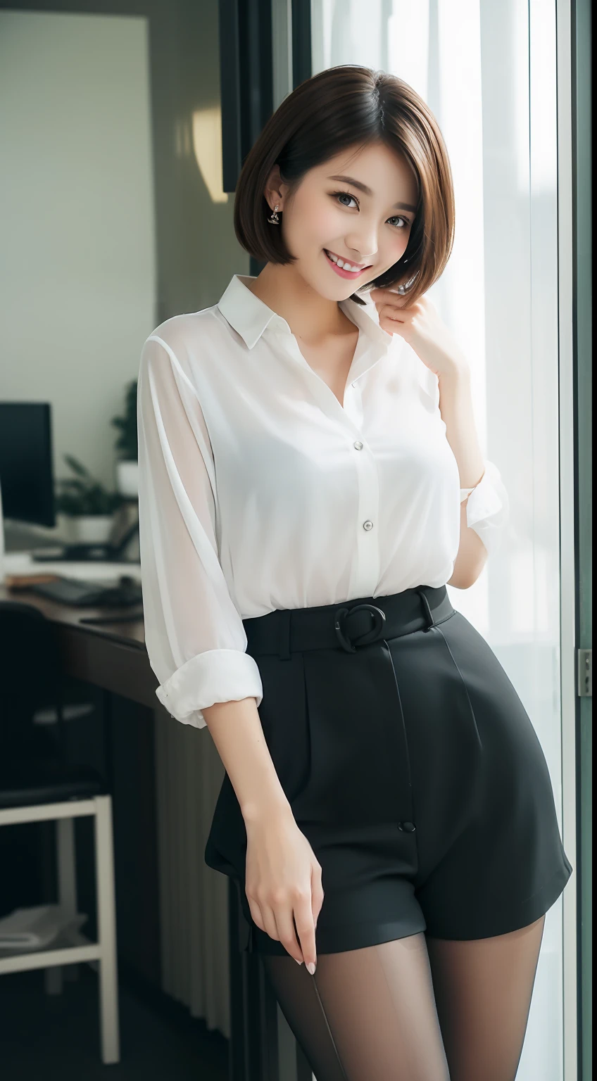 (8K、Top image quality、masterpiece:1.2)、(realisitic、Photorealsitic:1.37)、The ultra-detailliert、独奏、1girl in、full body Esbian、in her 20s、OL Beauty、Black Office Blazer、Office Skirt:1.3、(panthyhose:1.2)、(Sheer button-down shirt shorts:1.2)、bra very、(panthyhose:1.2)、Alpha Layer、high-heels、Cute earrings、Cute Solo、(A smile:1.15)、(Keep your mouth shut)、F-cup、Cute face like an idol、beatiful detailed eyes、business clothes、(loose fluffy short hair,,,:1.2)、 Novafrog Style Floating Hair、Valley、 Poses variadas:1.2、Black pantyhose:1.5、Black bra:0.9、Background blur、Window side of background office、Workplace 1.3