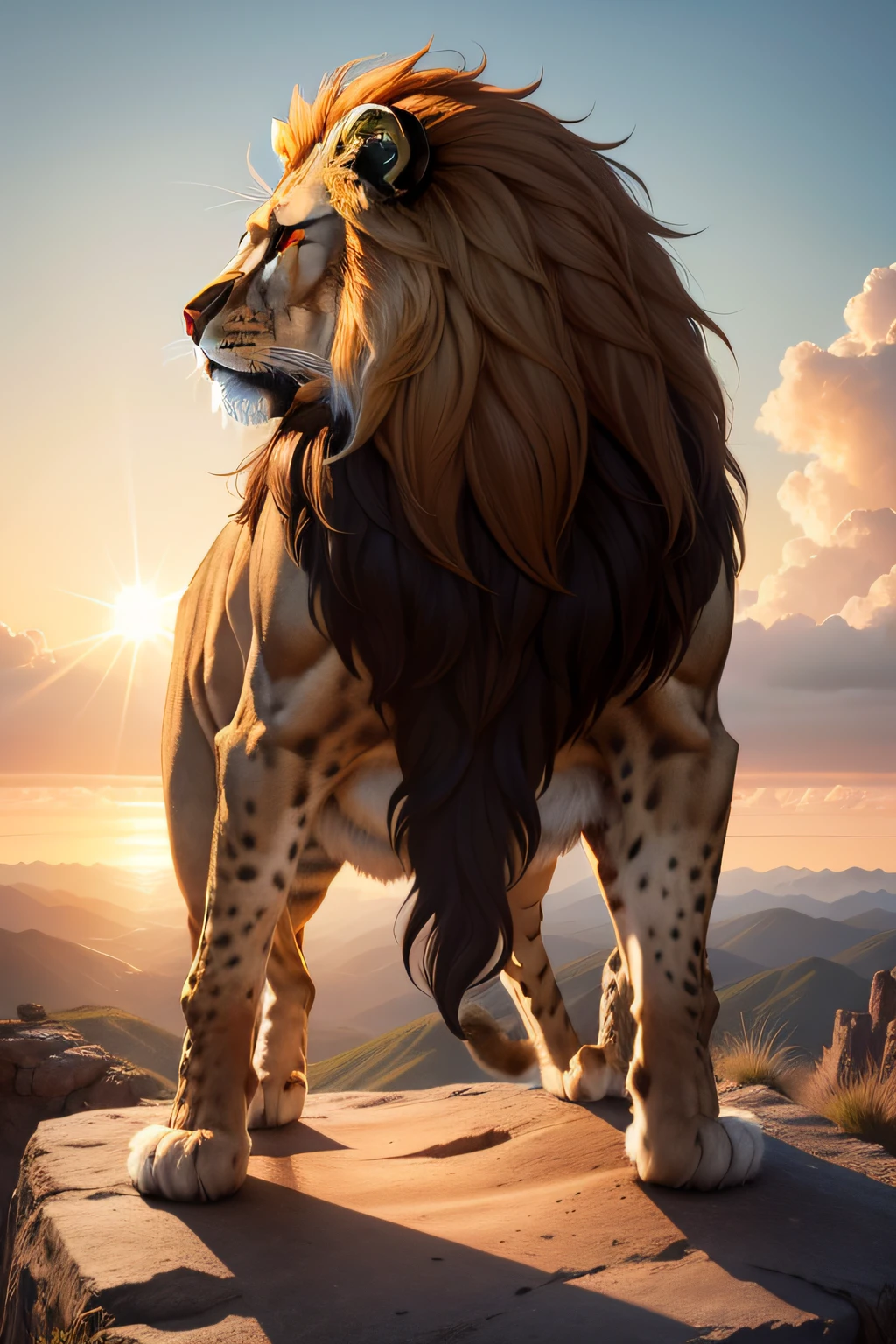 Create an image of a lion looking towards the horizon (the view in the photo is from behind the lion)
on top of a mountain, with the sun around your head, realistic, 4k, ultra HD