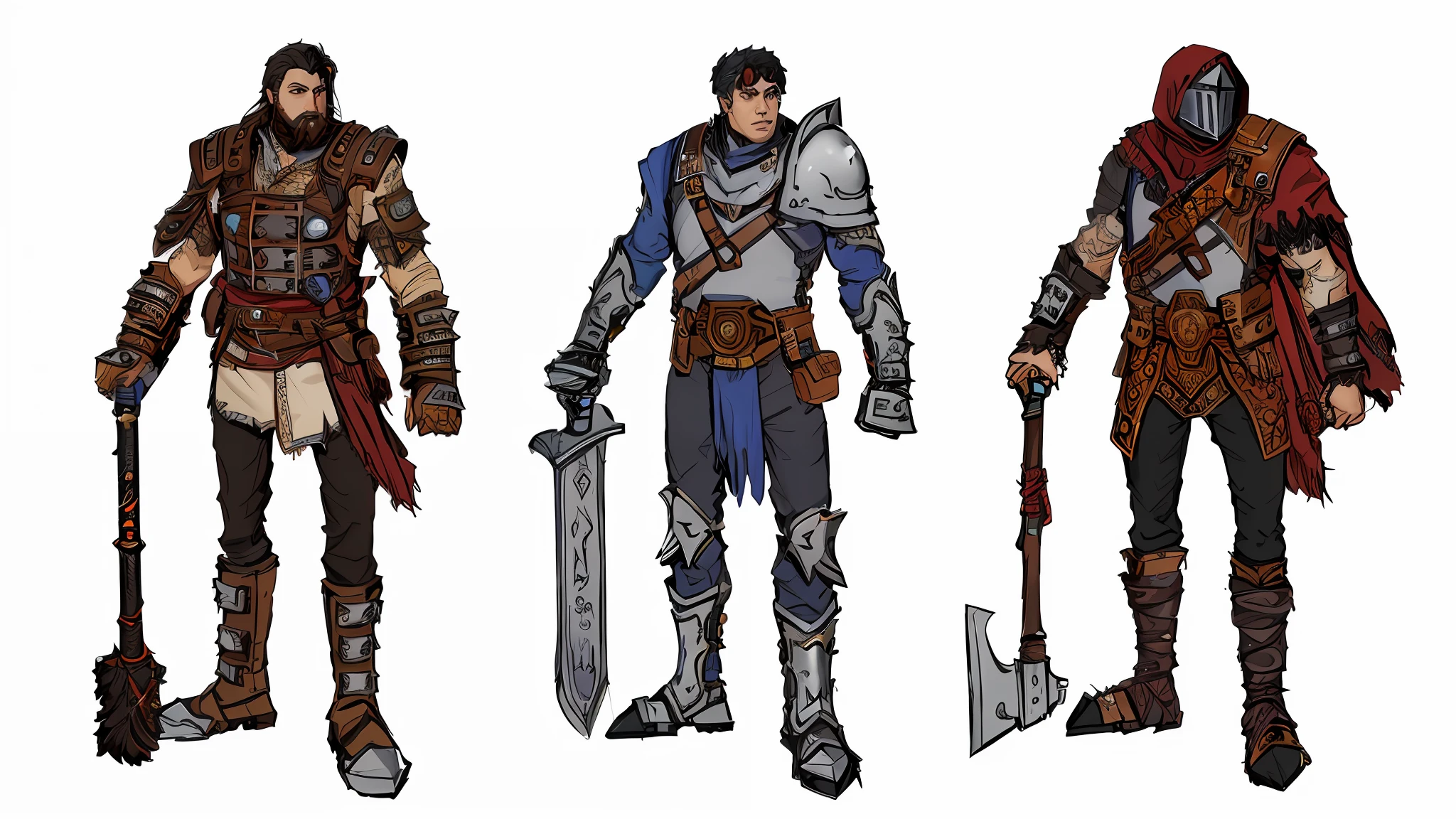 3 fully rendered characters with weapons, leather armor, metal armor, fantasy, concept art, character design, reference sheet, ((white background))