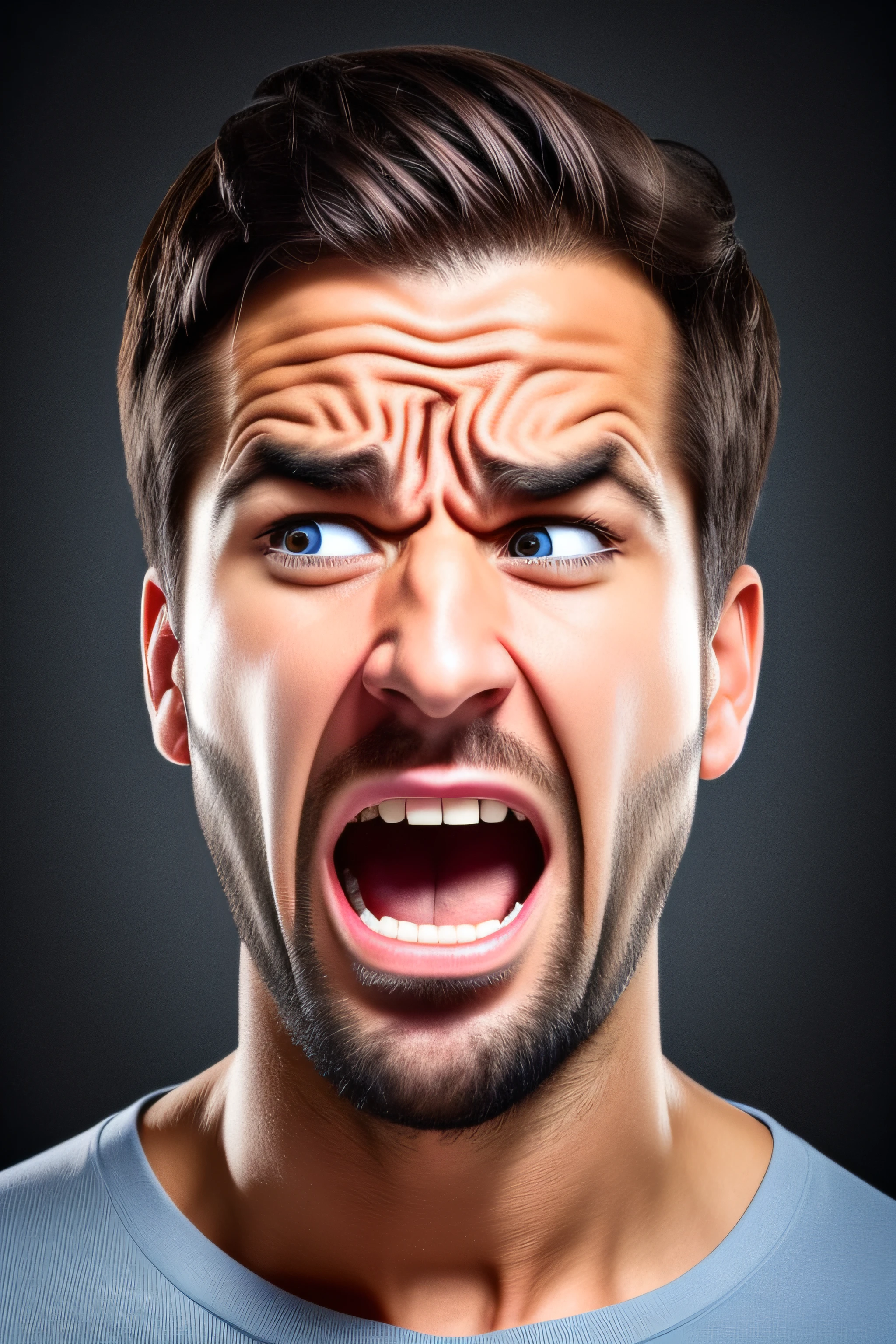face of amazed 30 year old man, anguish, with open mouth and wide eyes, quite expressive face, 3d face