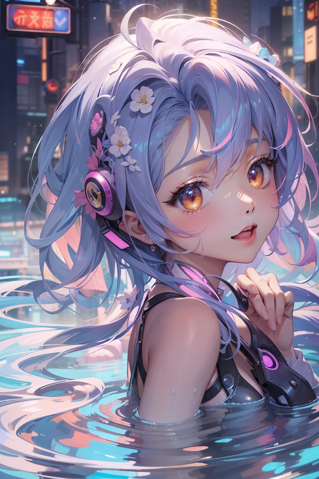 (((masterpiece)))、(((top-quality)))、((ultra-definition))、(High Definition CG Illustration)、((extremely delicate and beautiful))、City of the Future、Bath time、Girl taking a bath、Cinematic Light、独奏、full body Esbian、cyberpunked、2040s、animesque、dreamy cyberpunk girl、rainbow hair、witch style、trending on artstationh、Rachel Walker、