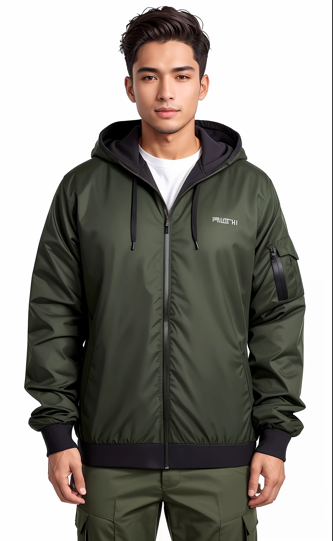 A man in a black jacket and green pants standing, encapuzado, vestindo um moletom cinza com capuz, F / 2 0, Hoody, capuz, grafite, marrom, sweater, h 768, h 7 6 8, cinza escuro, usando capuz, foto retrato, Usado, Foto do produto, Pitt, h 7 0 4, item, F/2, F / 2