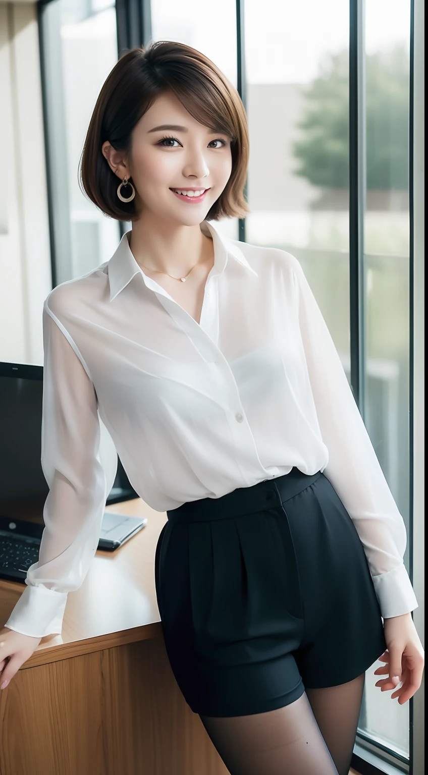 (8K、Top image quality、masterpiece:1.2)、(realisitic、Photorealsitic:1.37)、The ultra-detailliert、独奏、1girl in、full body Esbian、in her 20s、Young OL beauty、Black Office Blazer、Office Skirt:1.3、(panthyhose:1.2)、(Sheer button-down shirt shorts:1.2)、bra very、(panthyhose:1.2)、Alpha Layer、high-heels、Cute earrings、Cute Solo、(A smile:1.15)、(Keep your mouth shut)、F-cup、Cute face like an idol、beatiful detailed eyes、business clothes、(loose fluffy short hair,,,:1.2)、 Novafrog Style Floating Hair、Valley、 Poses variadas:1.2、Black pantyhose:1.5、Black bra:0.9、Background blur、Window side of background office、Workplace 1.3