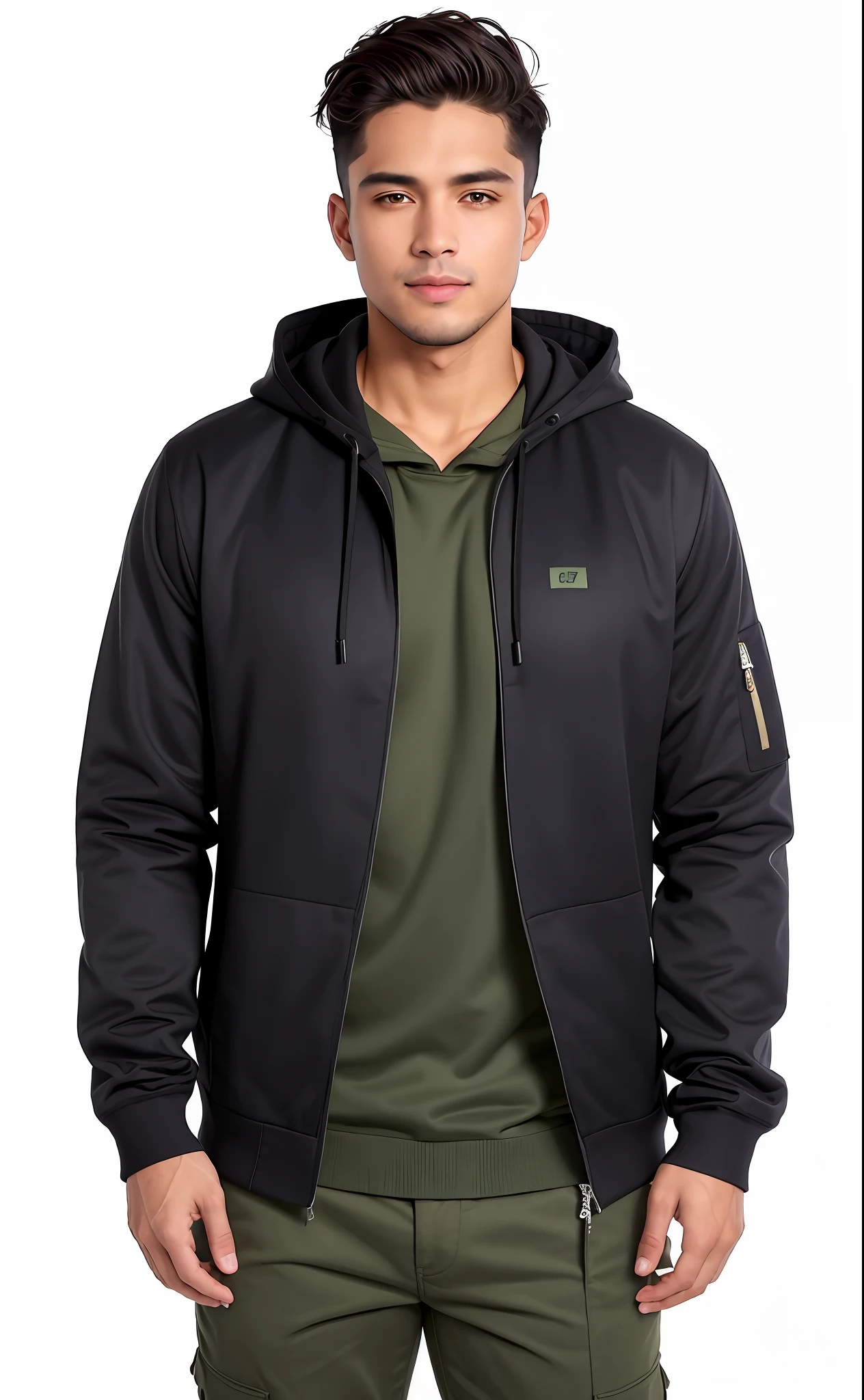 A man in a black jacket and green pants standing, encapuzado, vestindo um moletom cinza com capuz, F / 2 0, Hoody, capuz, grafite, marrom, sweater, h 768, h 7 6 8, cinza escuro, usando capuz, foto retrato, Usado, Foto do produto, Pitt, h 7 0 4, item, F/2, F / 2